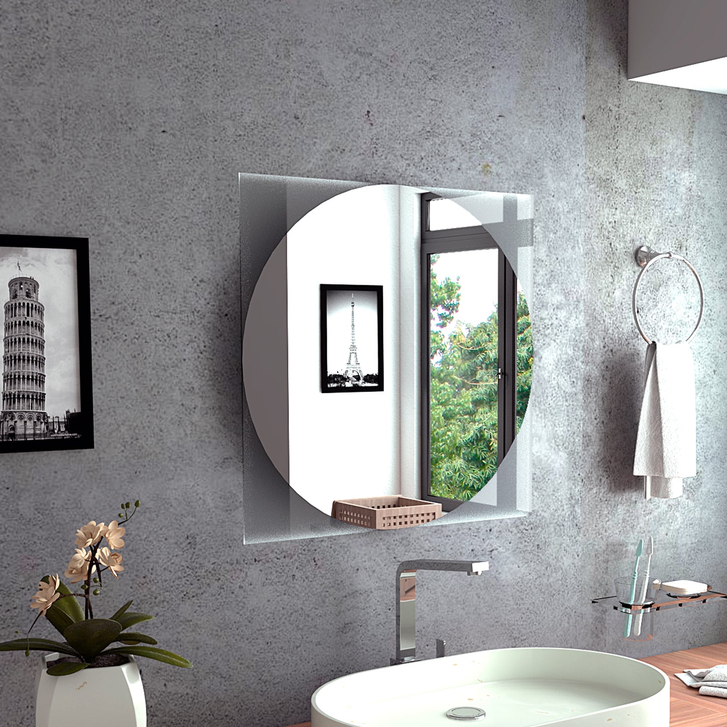 Round bathroom mirror with sleek chrome accents and a towel ring
