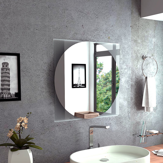 Round bathroom mirror with sleek chrome accents and a towel ring