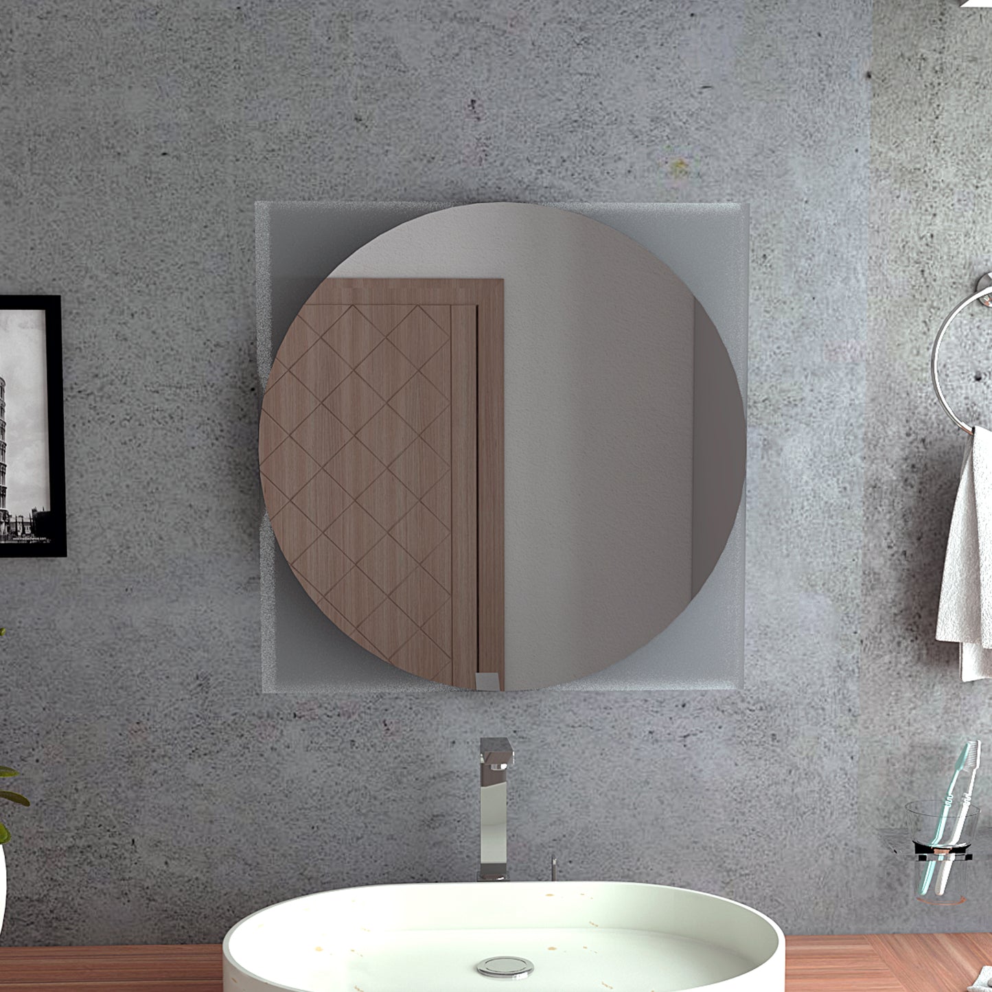 Round bathroom mirror with woodpatterned door reflection