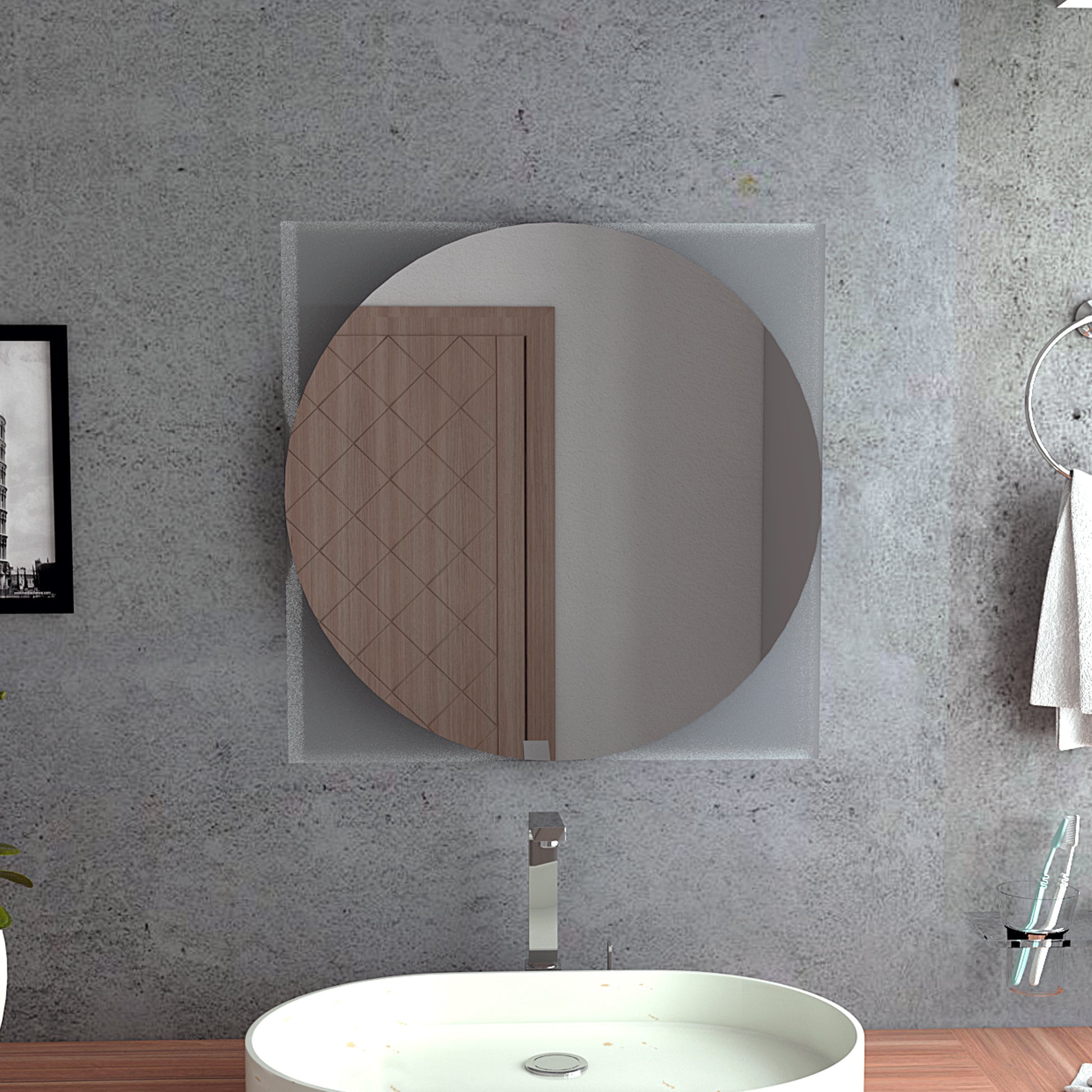 Round bathroom mirror with woodpatterned door reflection