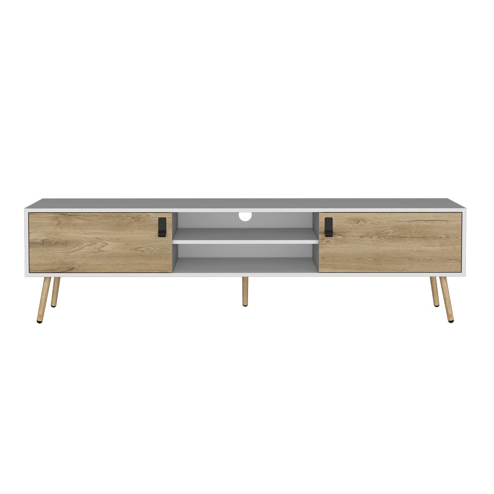 White and wood media console with sliding doors and angled legs