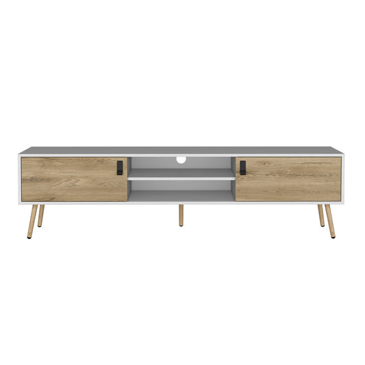 White and wood media console with sliding doors and angled legs