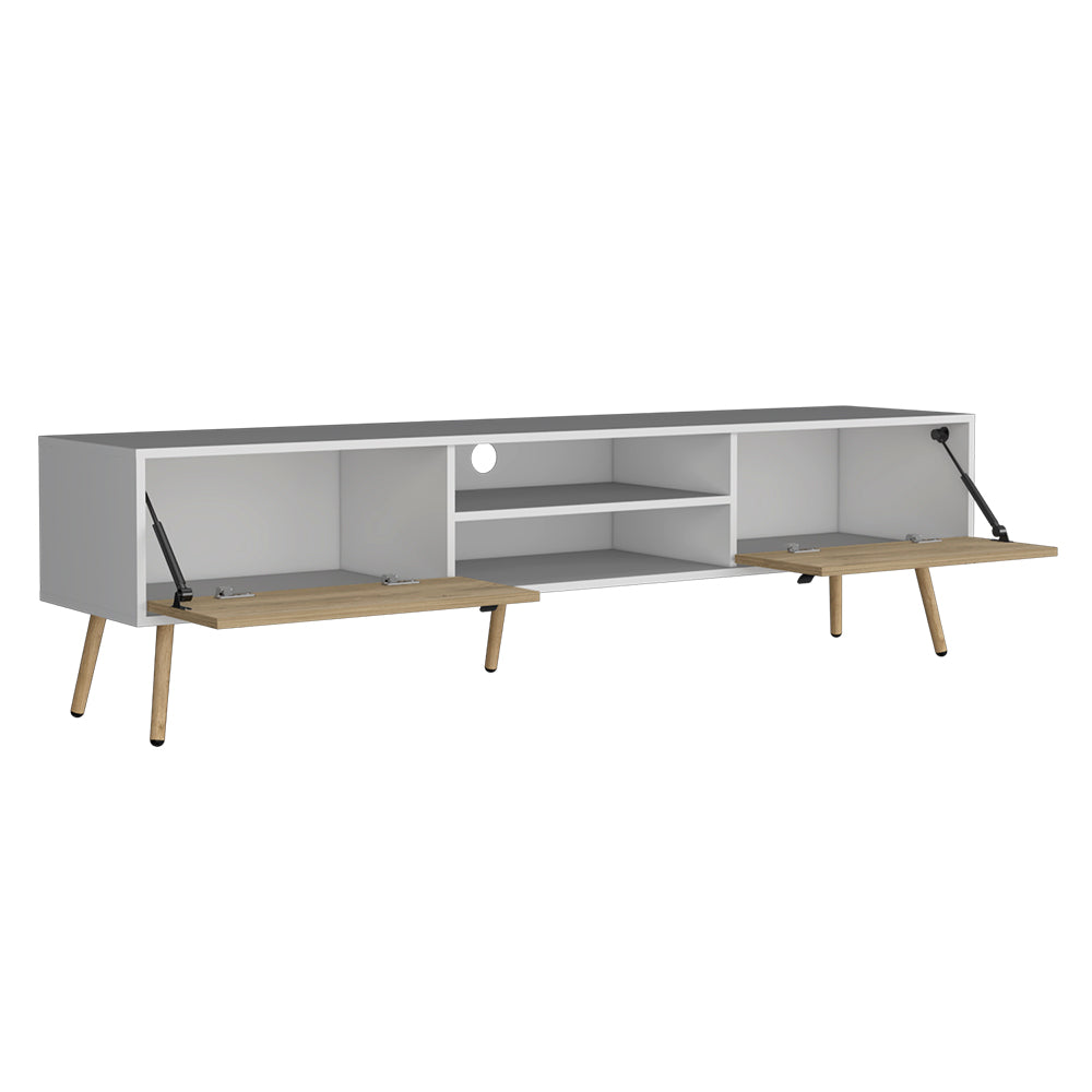 Modern white media console with natural wood accent doors and tapered legs cm