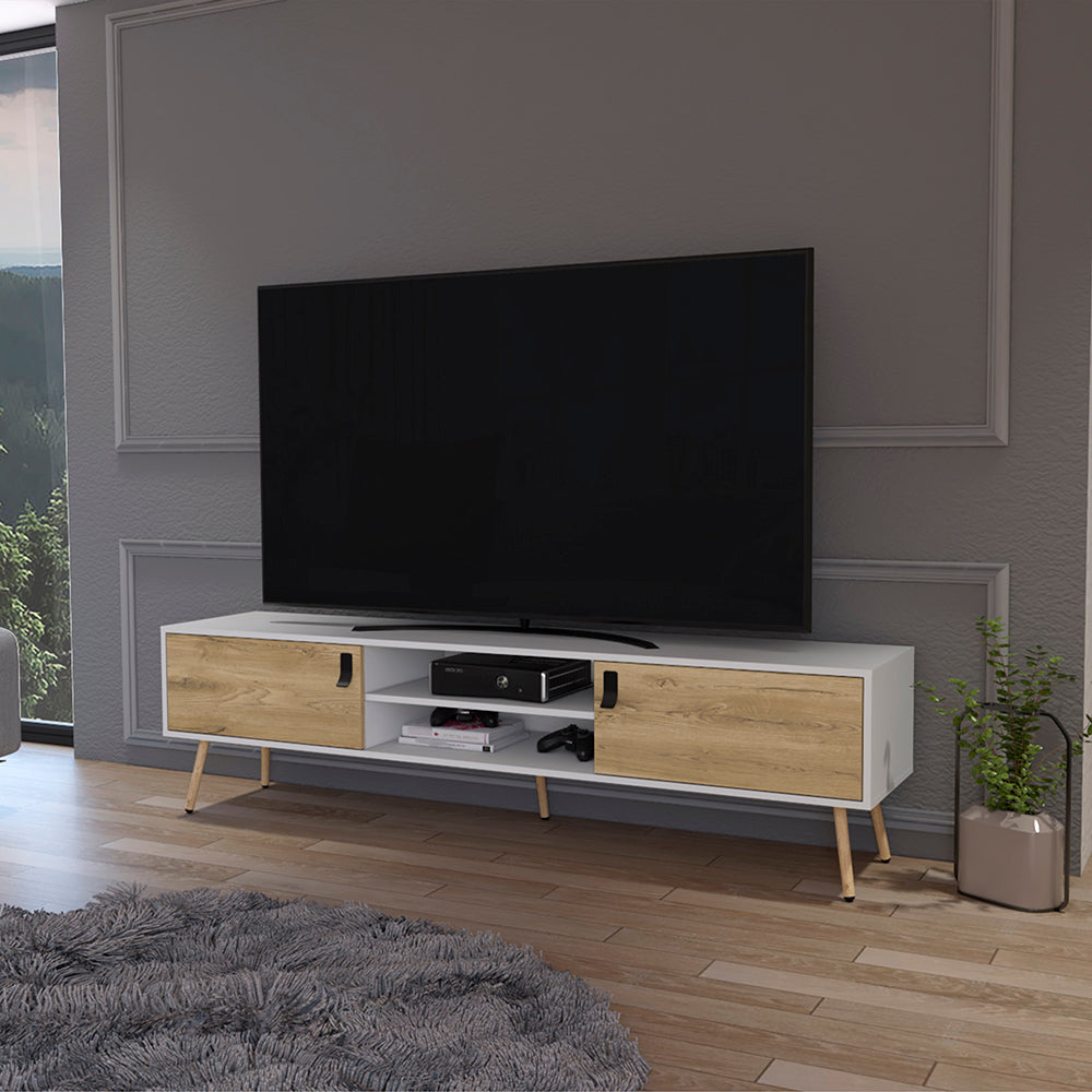 White and oak TV stand with sliding doors and open shelving for media equipment