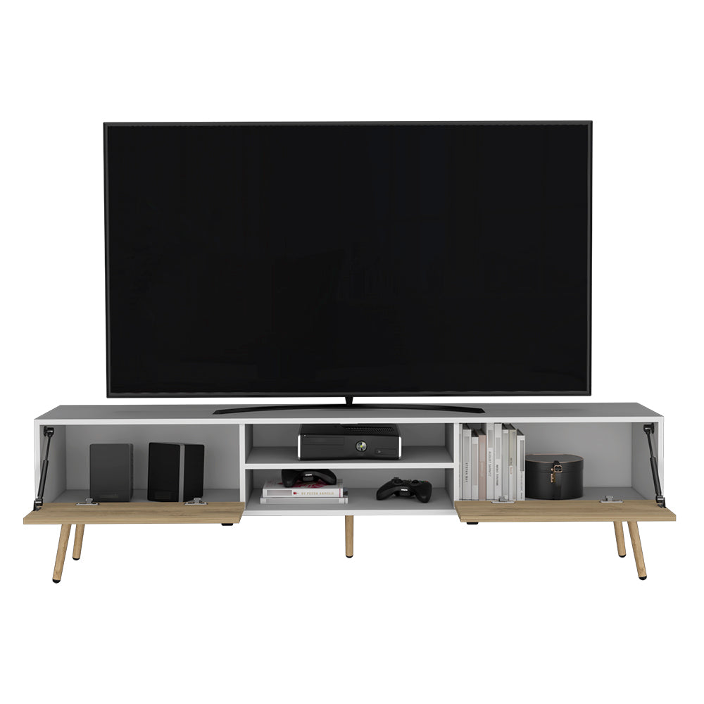 Modern white media console with natural wood accents and open shelving for entertainment systems