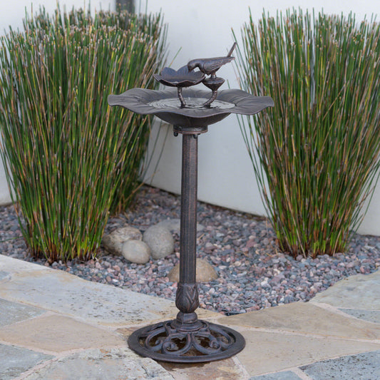 Rustic bronze bird bath with a decorative bird and floral accents perfect for garden decor