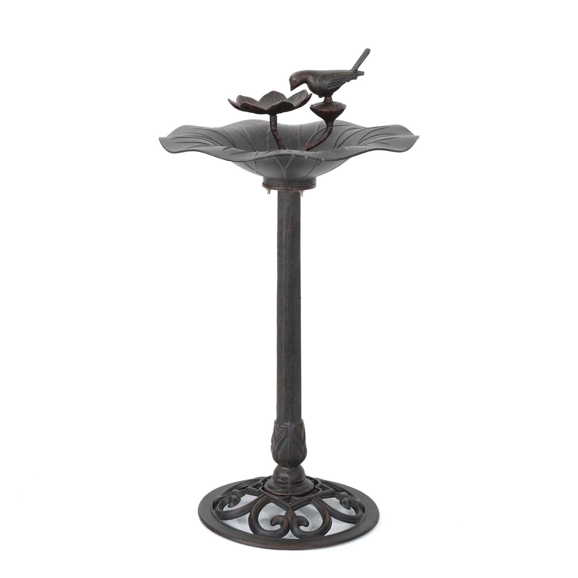 Dark bronze cast iron bird bath with a decorative bird and lotus flower