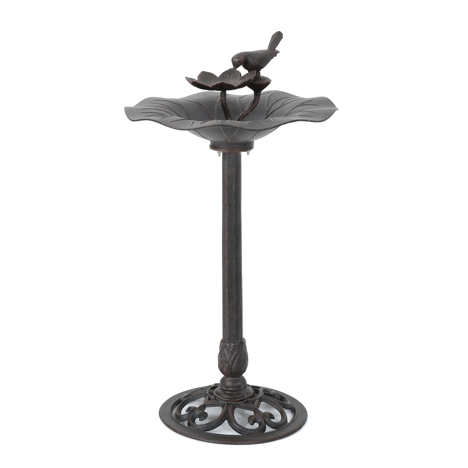 Rustic bronze bird bath with decorative lotus flower and bird detail
