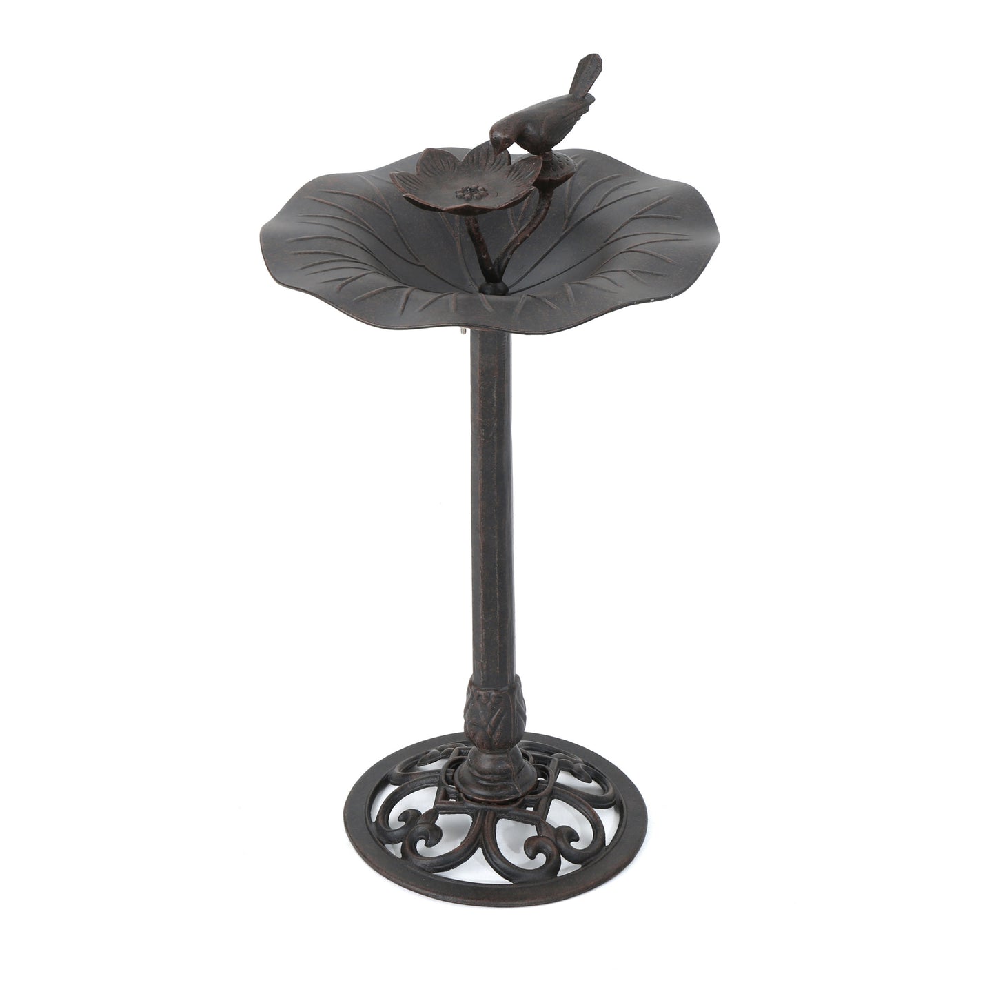 Ornate cast iron bird bath with a lotus flower and bird detail perfect for gardens