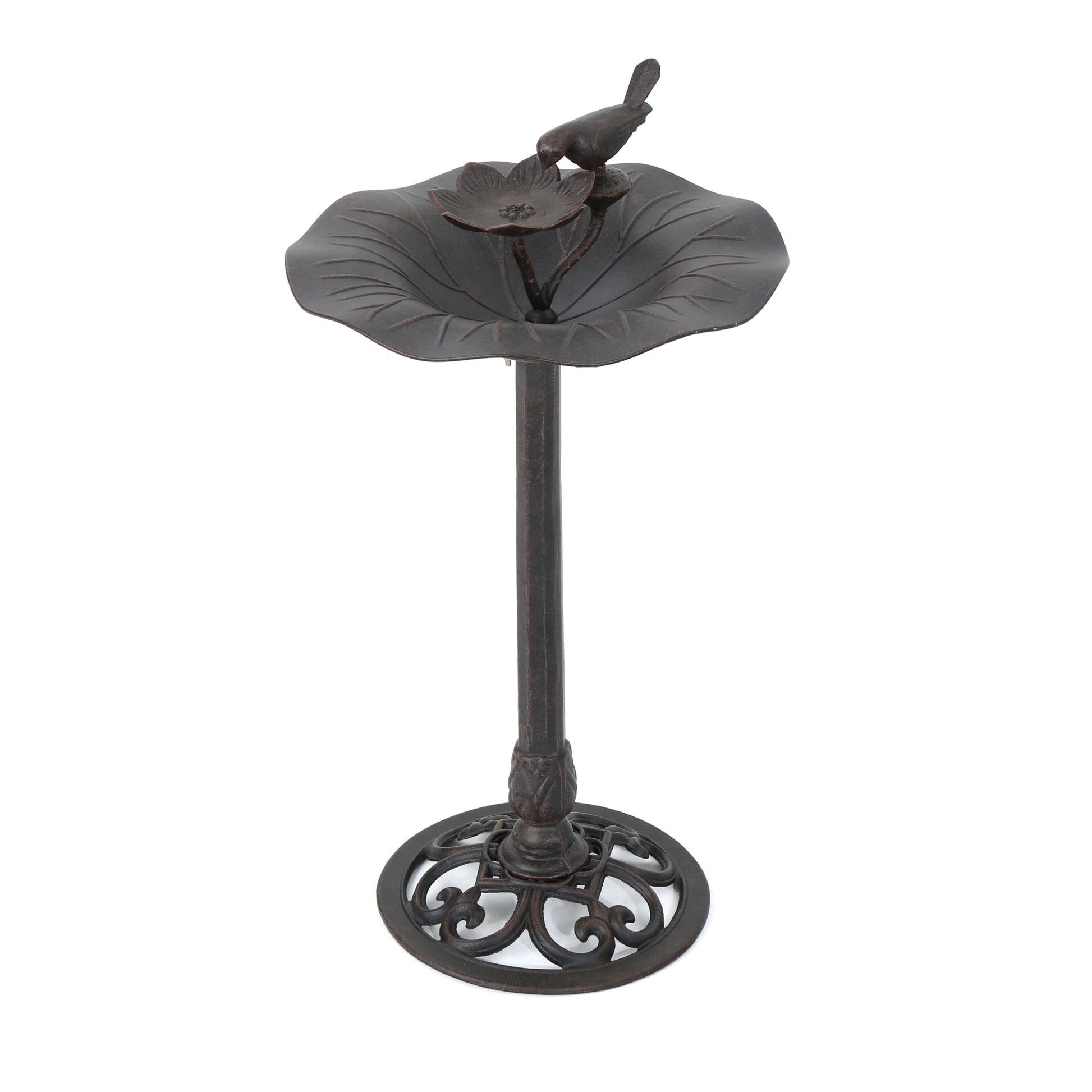 Ornate cast iron bird bath with a lotus flower and bird detail perfect for gardens