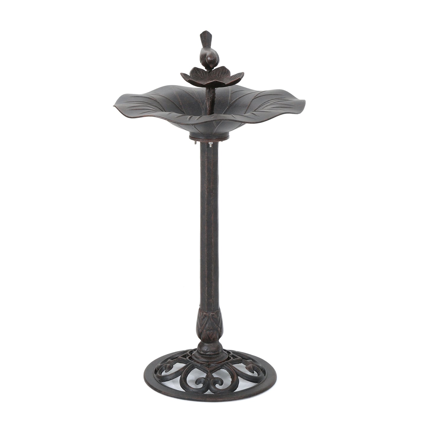 Ornate bronze bird bath with decorative leaf design and perched bird accent