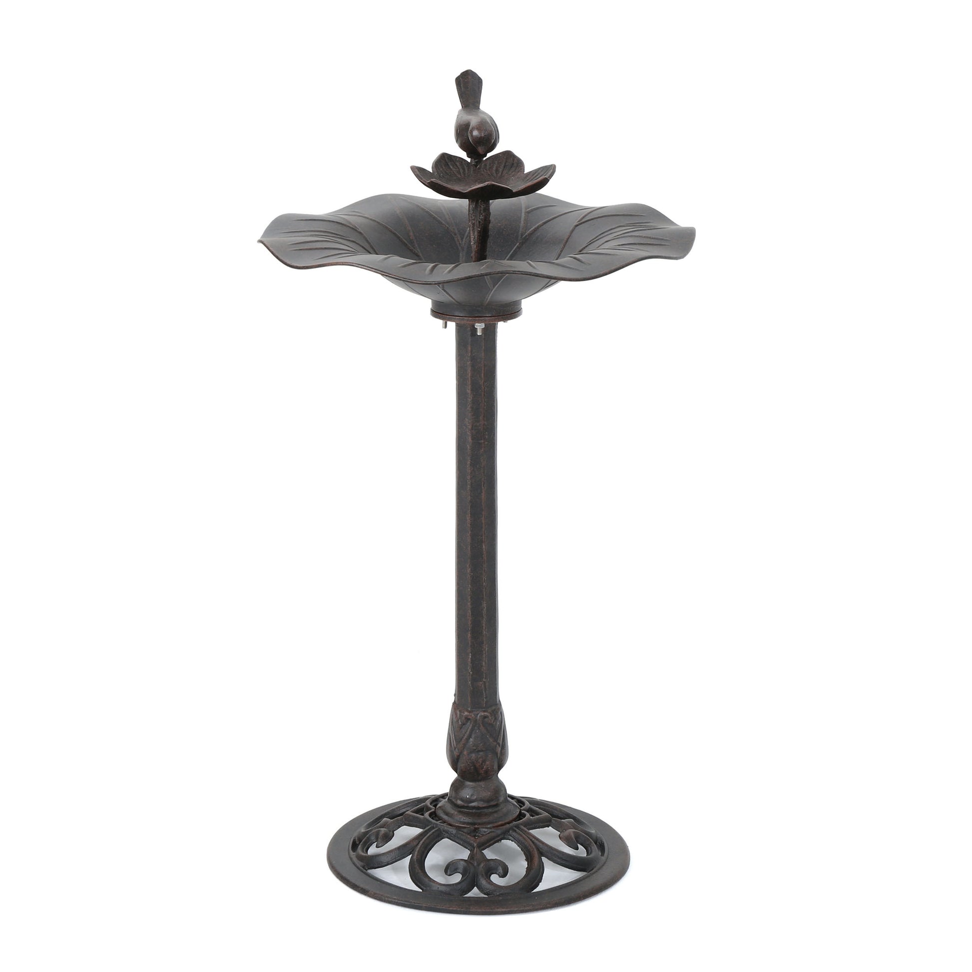 Ornate bronze bird bath with decorative leaf design and perched bird accent