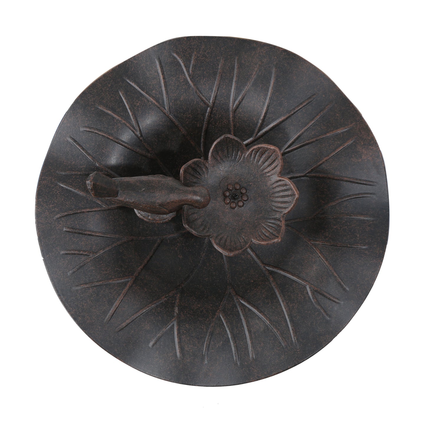 Rustic bronze lotus leaf bird bath with detailed floral design
