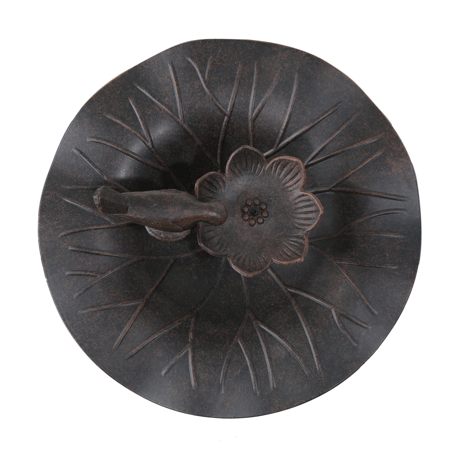 Rustic bronze lotus leaf bird bath with detailed floral design