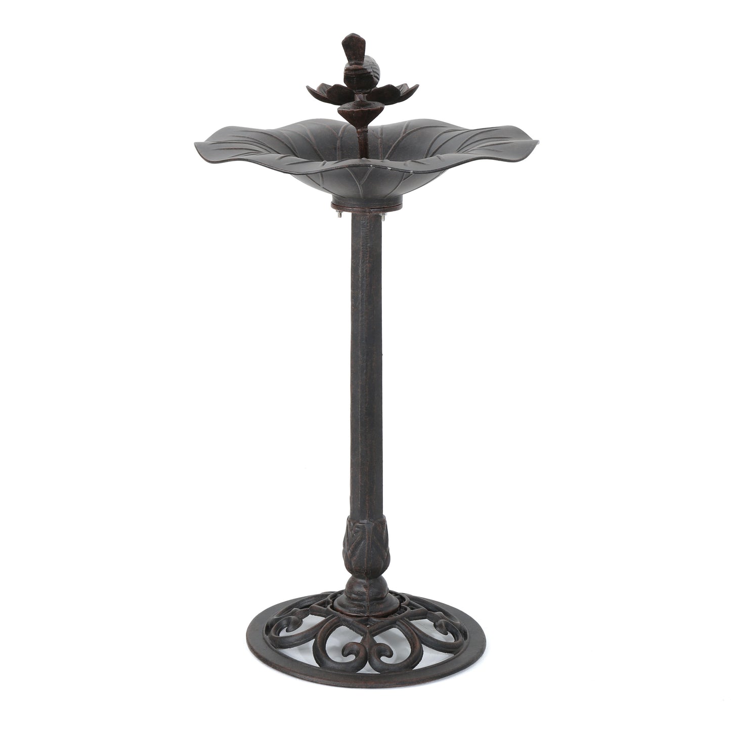 Rustic metal bird bath with decorative pedestal and leafshaped basin