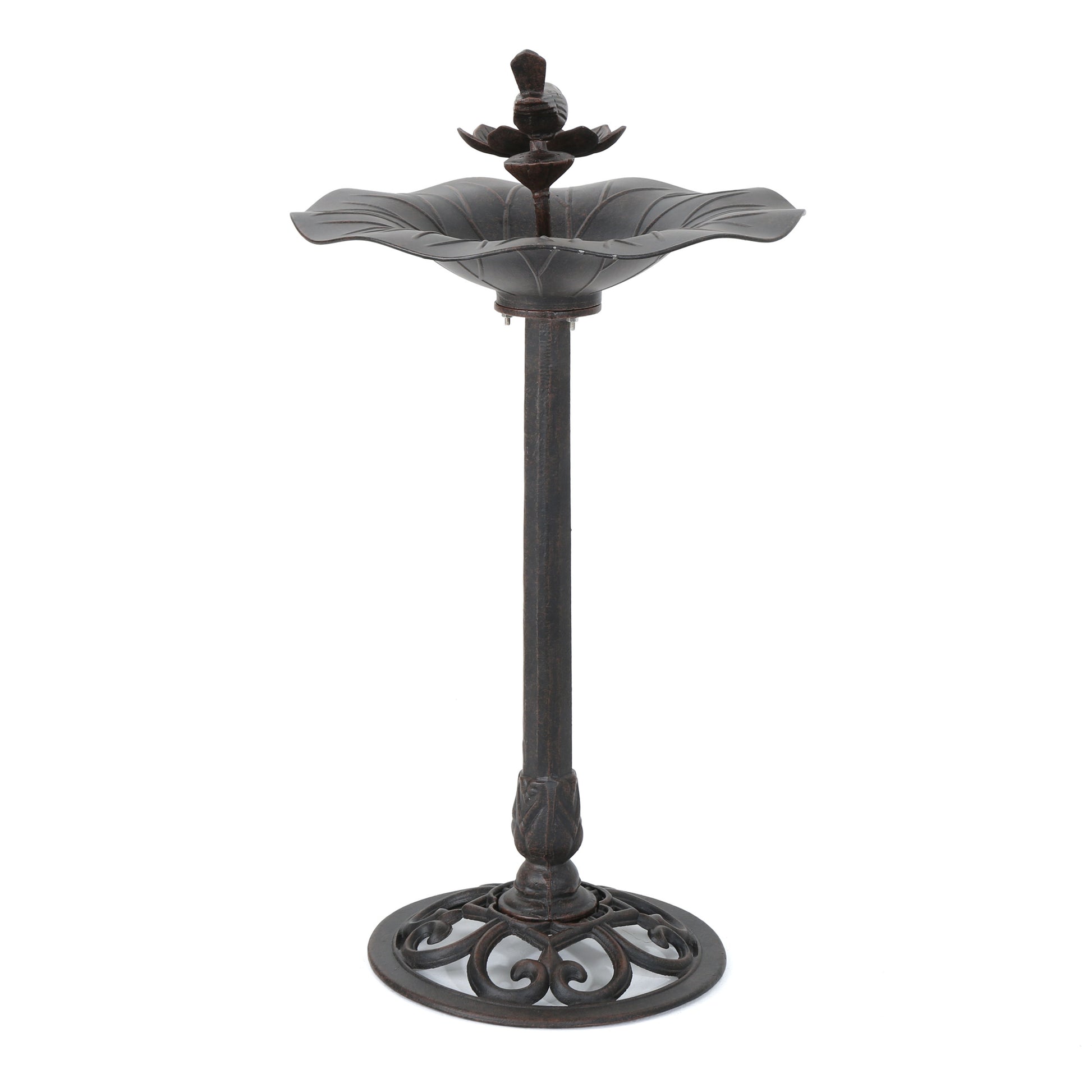 Rustic metal bird bath with decorative pedestal and leafshaped basin