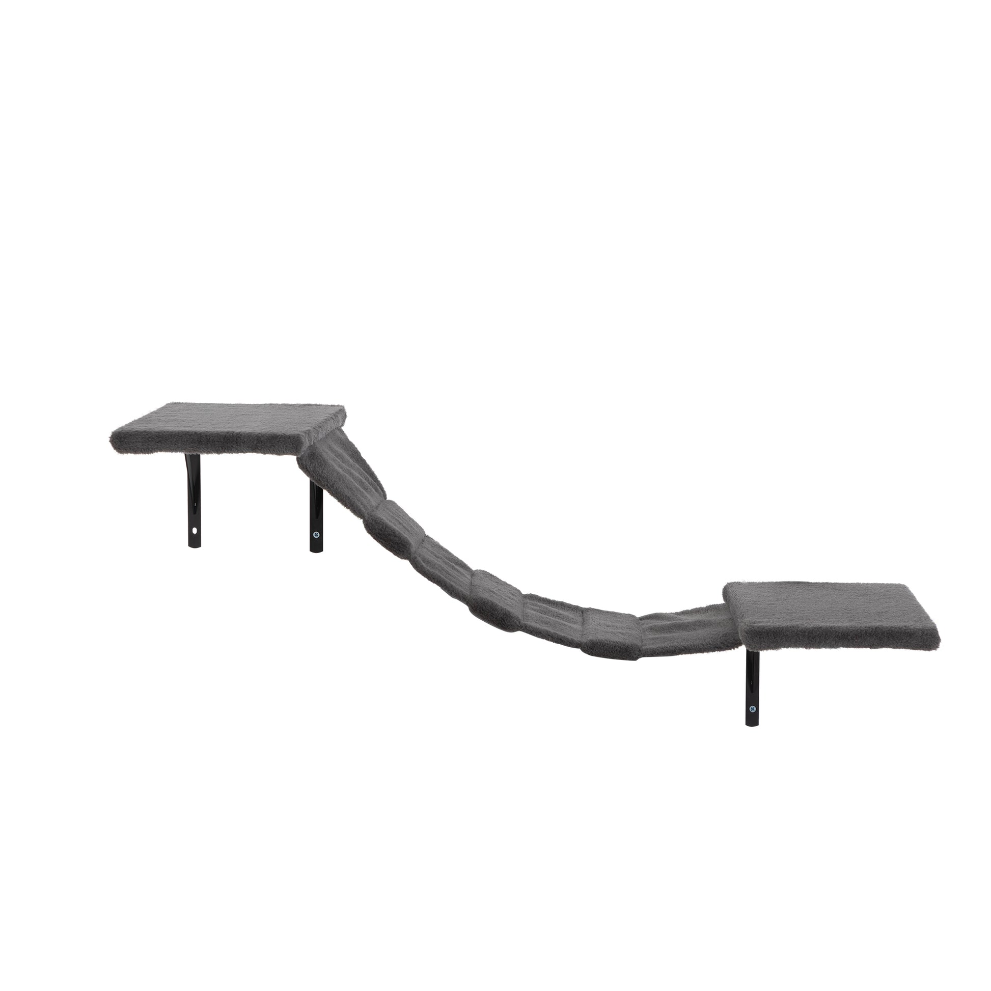 Gray plush cat wall shelf with a curved ramp connects two platforms for climbing
