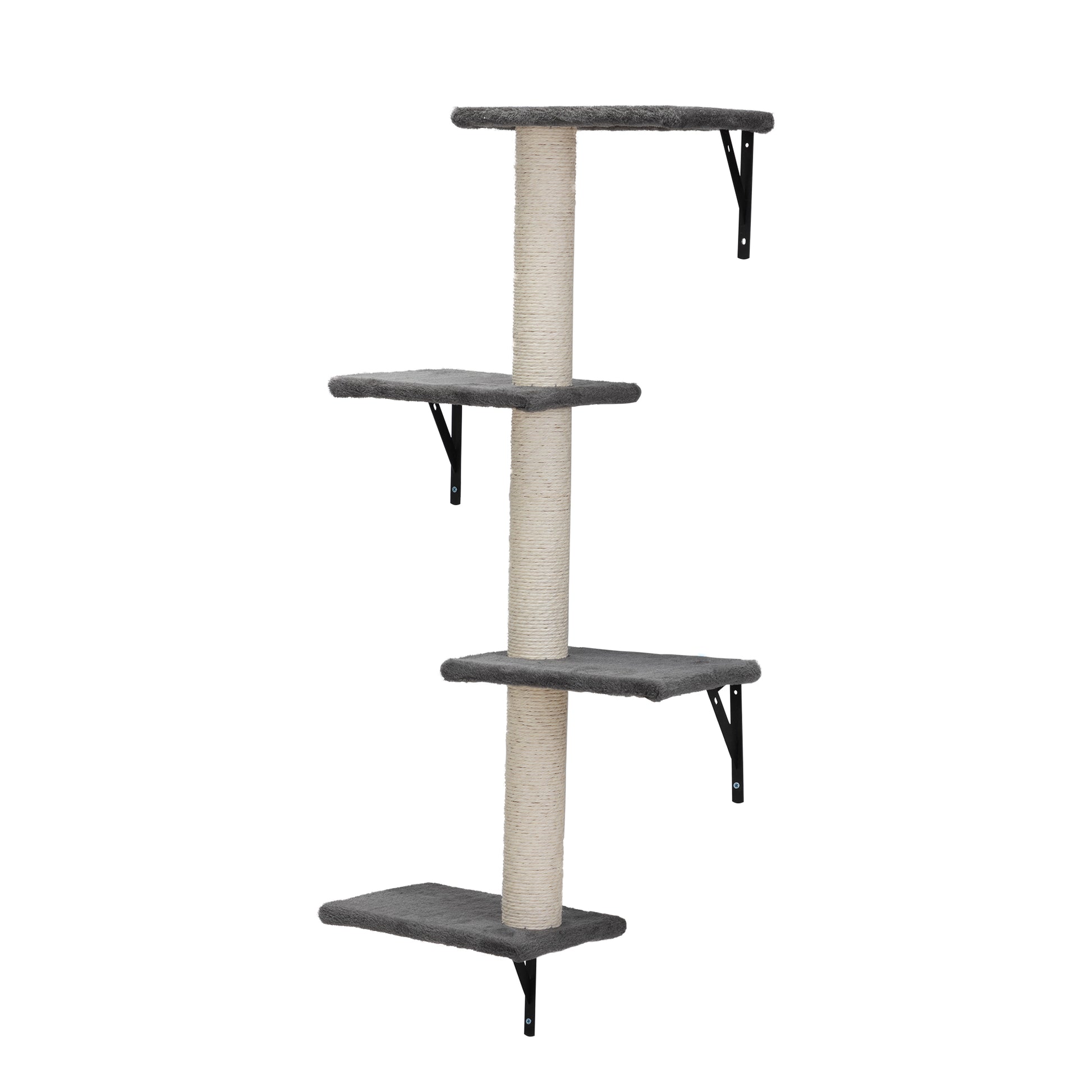 Grey multilevel cat tree with scratching post for indoor cats