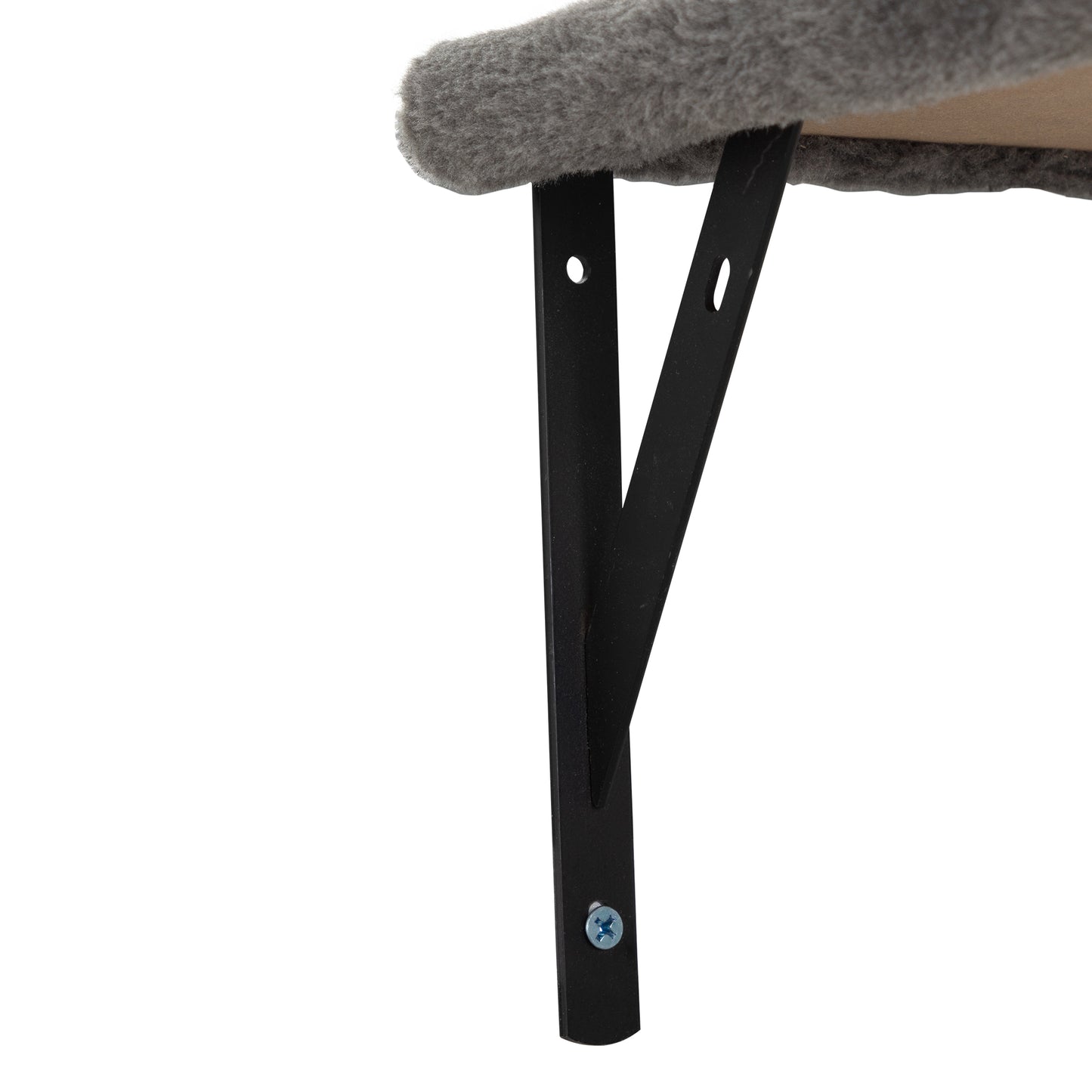 Gray plush fabric shelf support with black metal bracket and screw