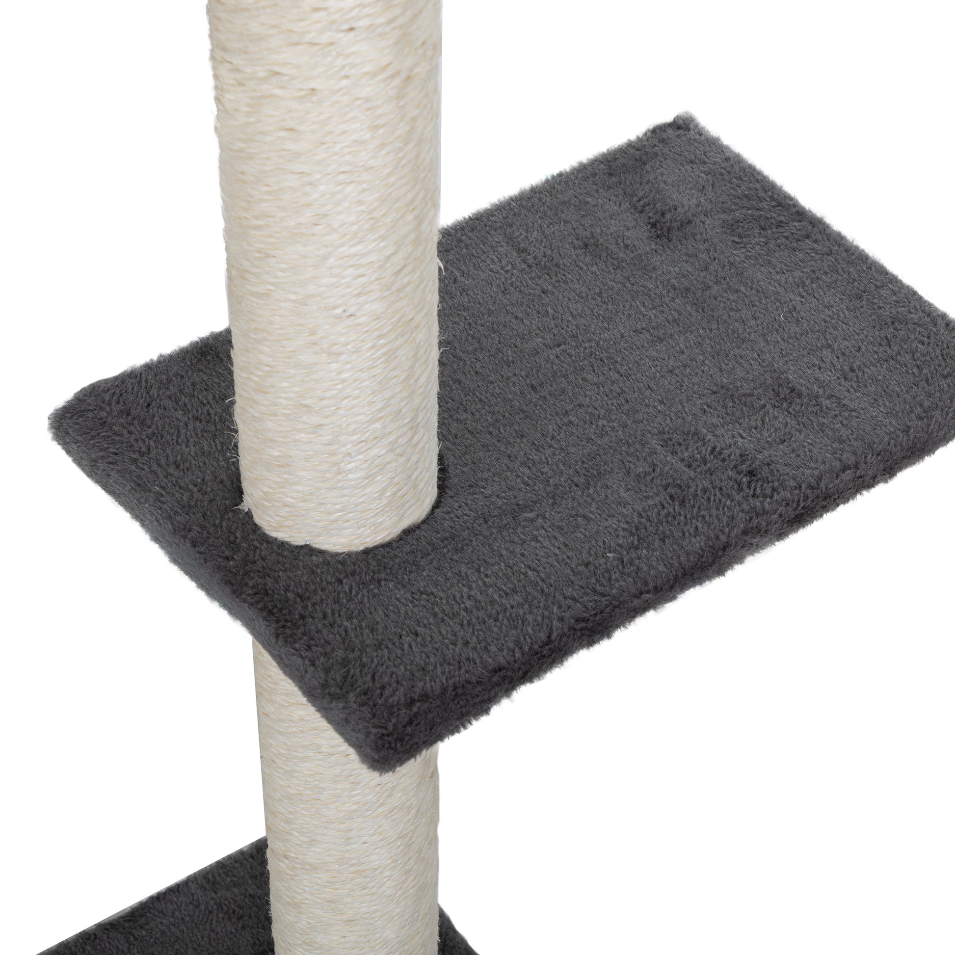 Close up of a sisalwrapped post and grey plush platform for a cat tree