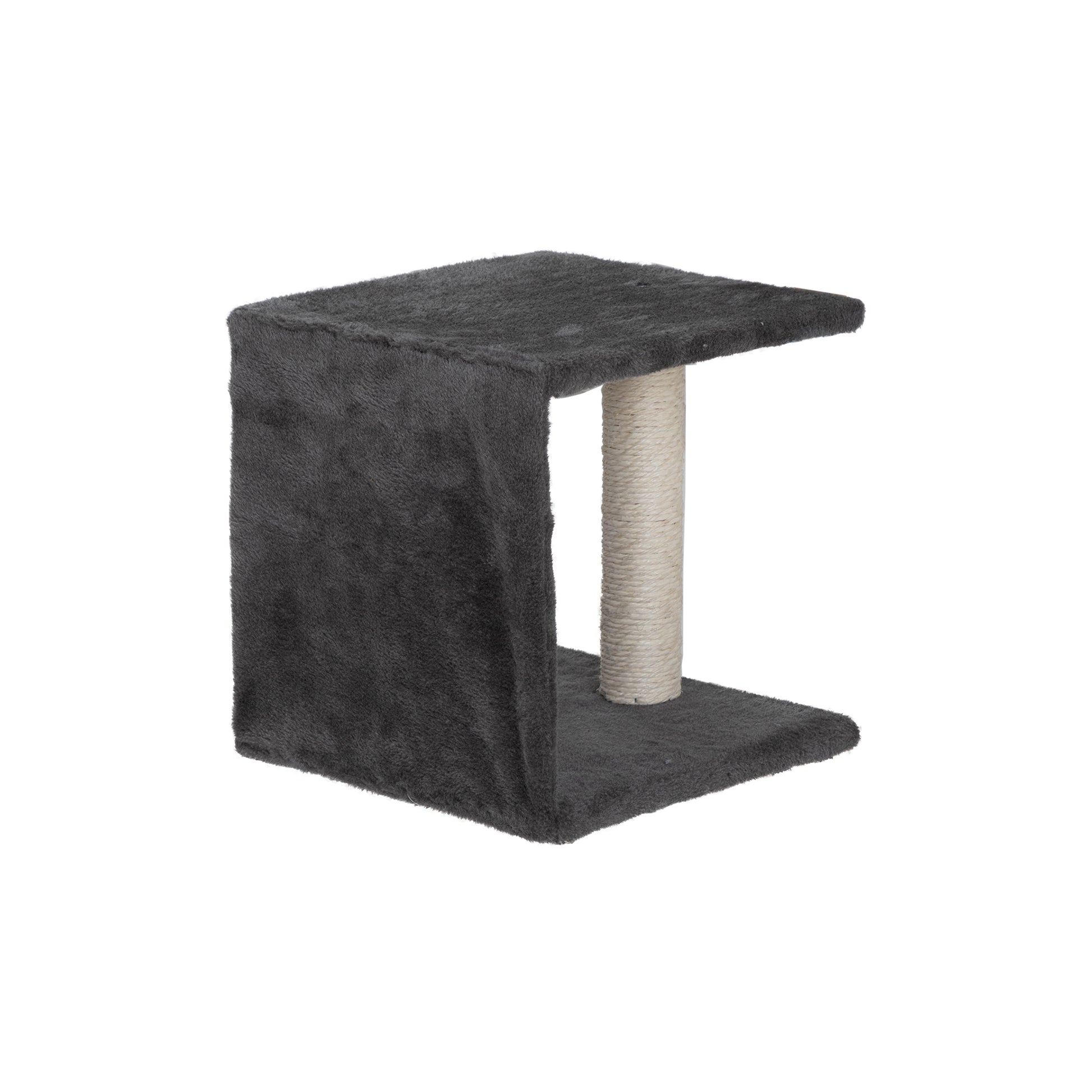 Dark grey plush cat tree with a sisal scratching post perfect for small cats