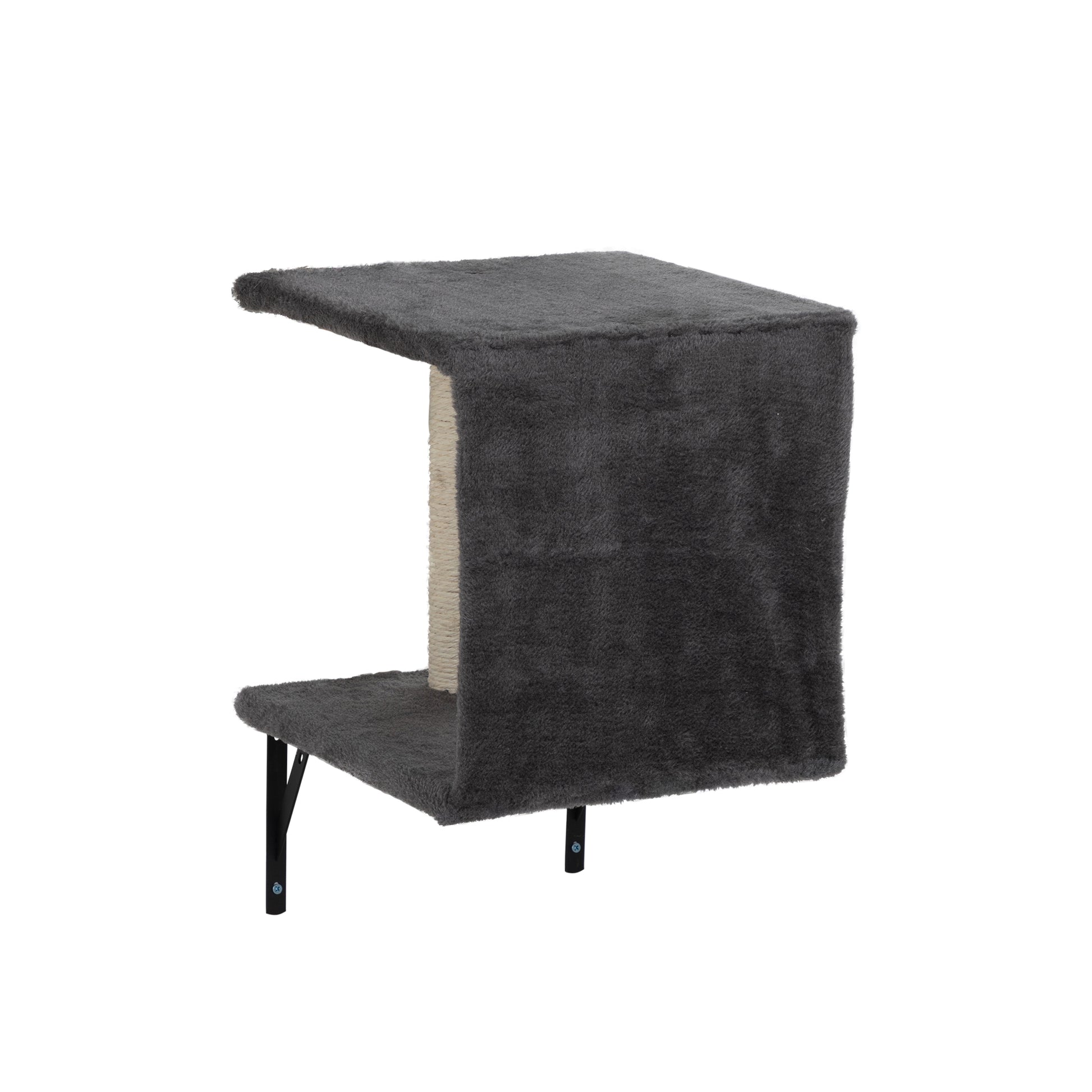 Grey carpeted cat condo with sisal scratching post modern pet furniture