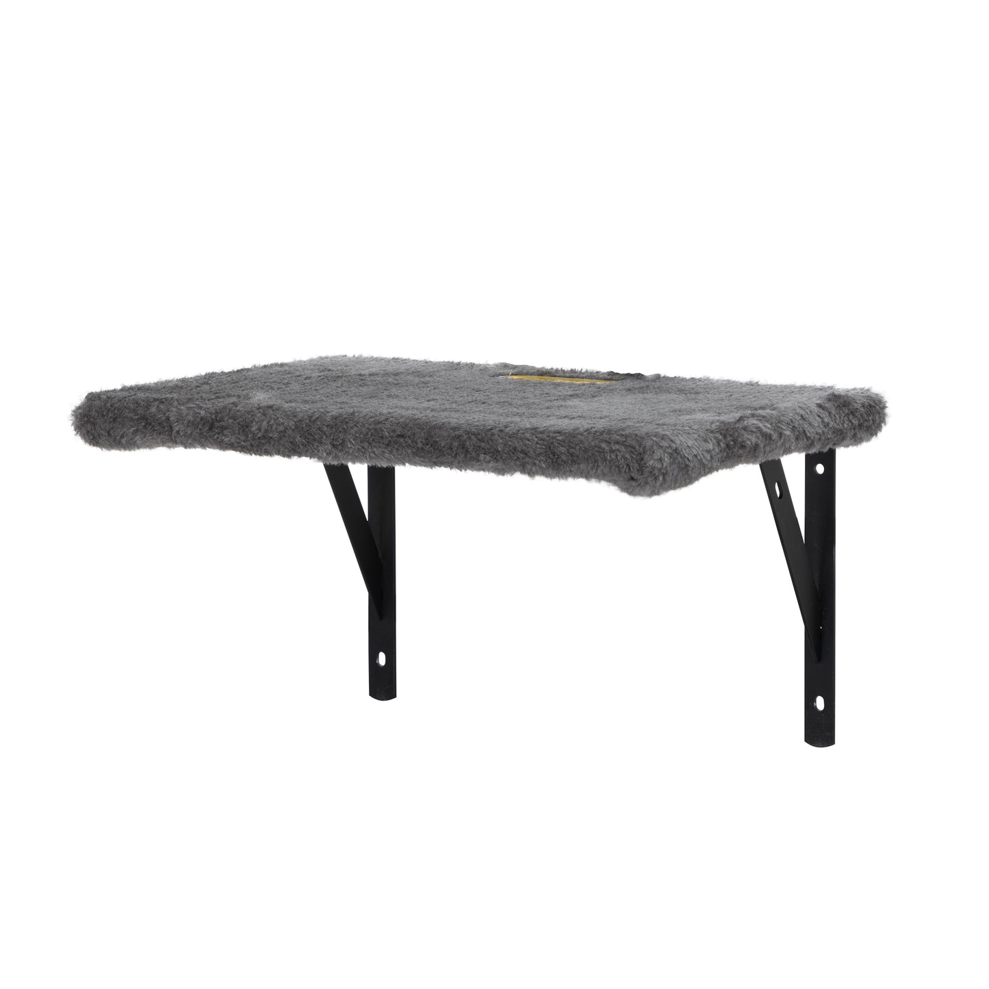 Grey faux fur cat perch with black metal bracket wallmounted for cats