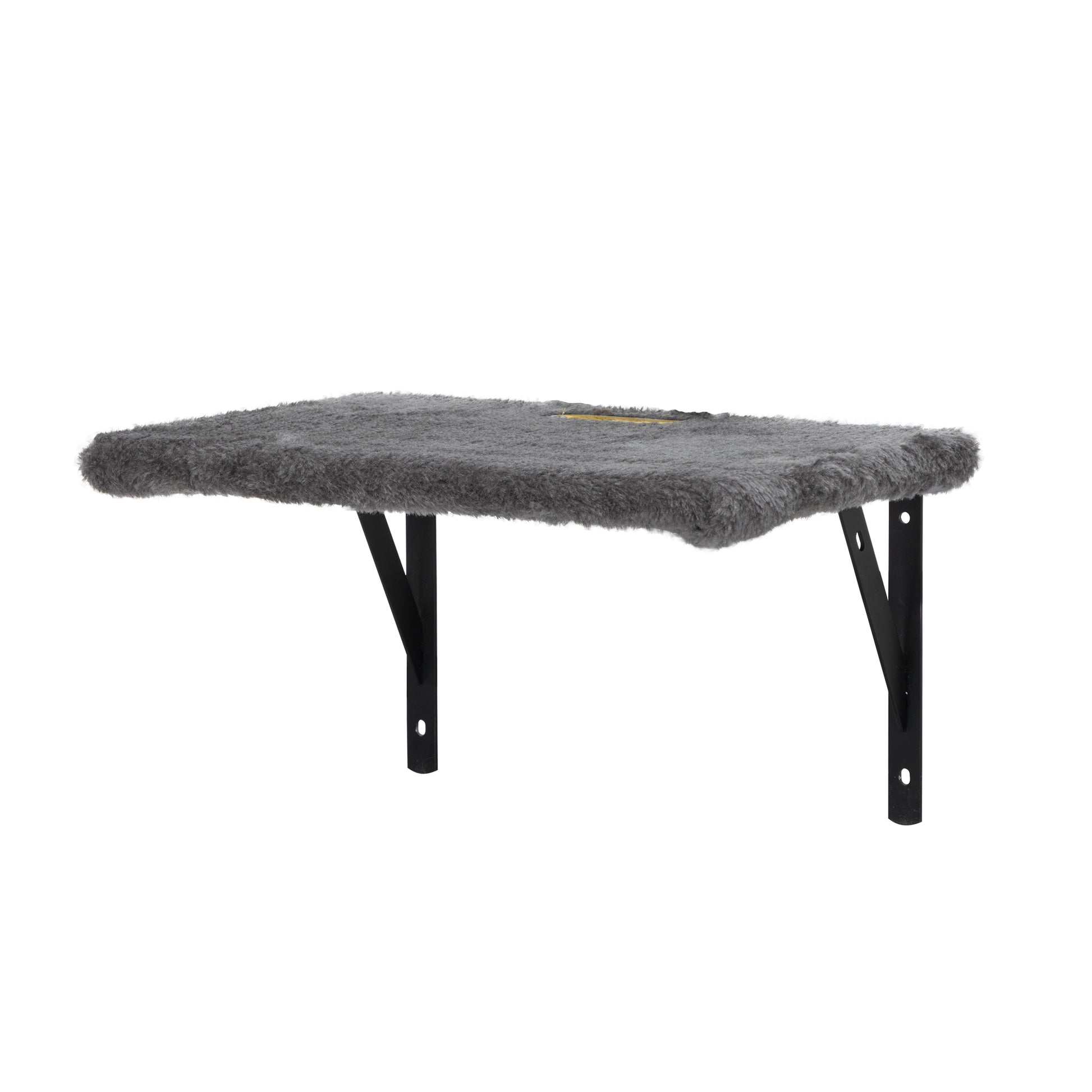 Grey faux fur cat perch with black metal bracket wallmounted for cats