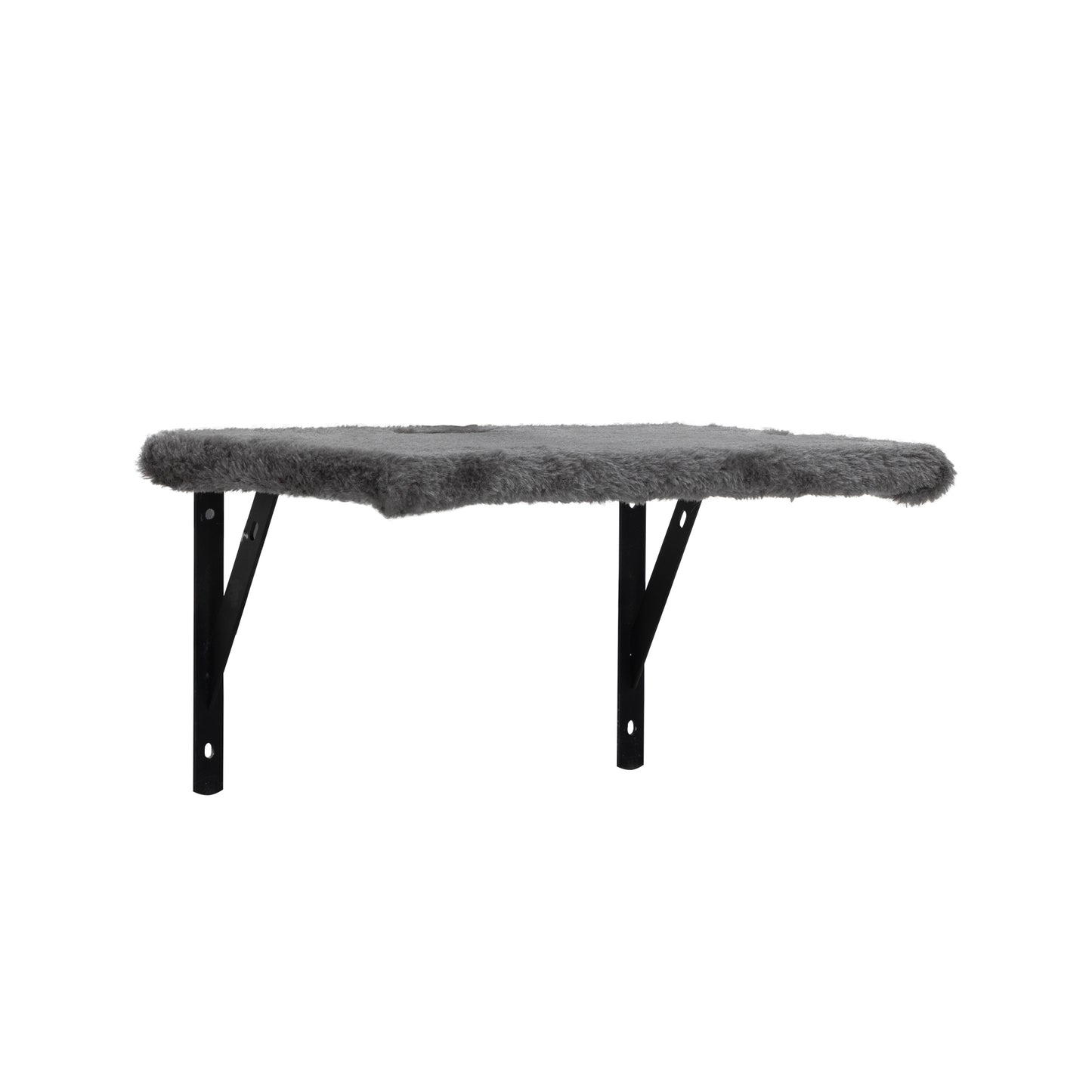 Gray plush cat perch shelf with black metal brackets for wall mounting