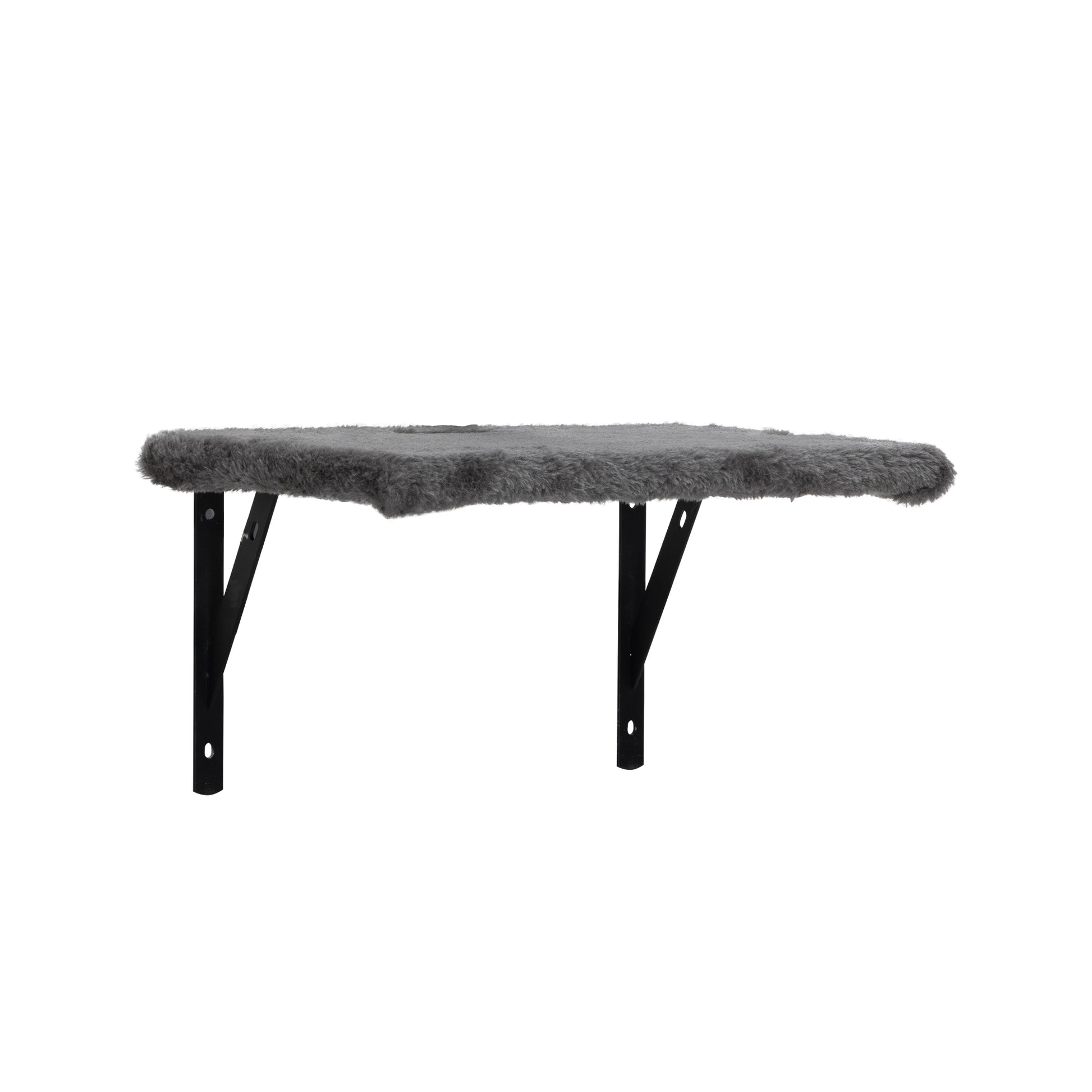 Gray plush cat perch shelf with black metal brackets for wall mounting