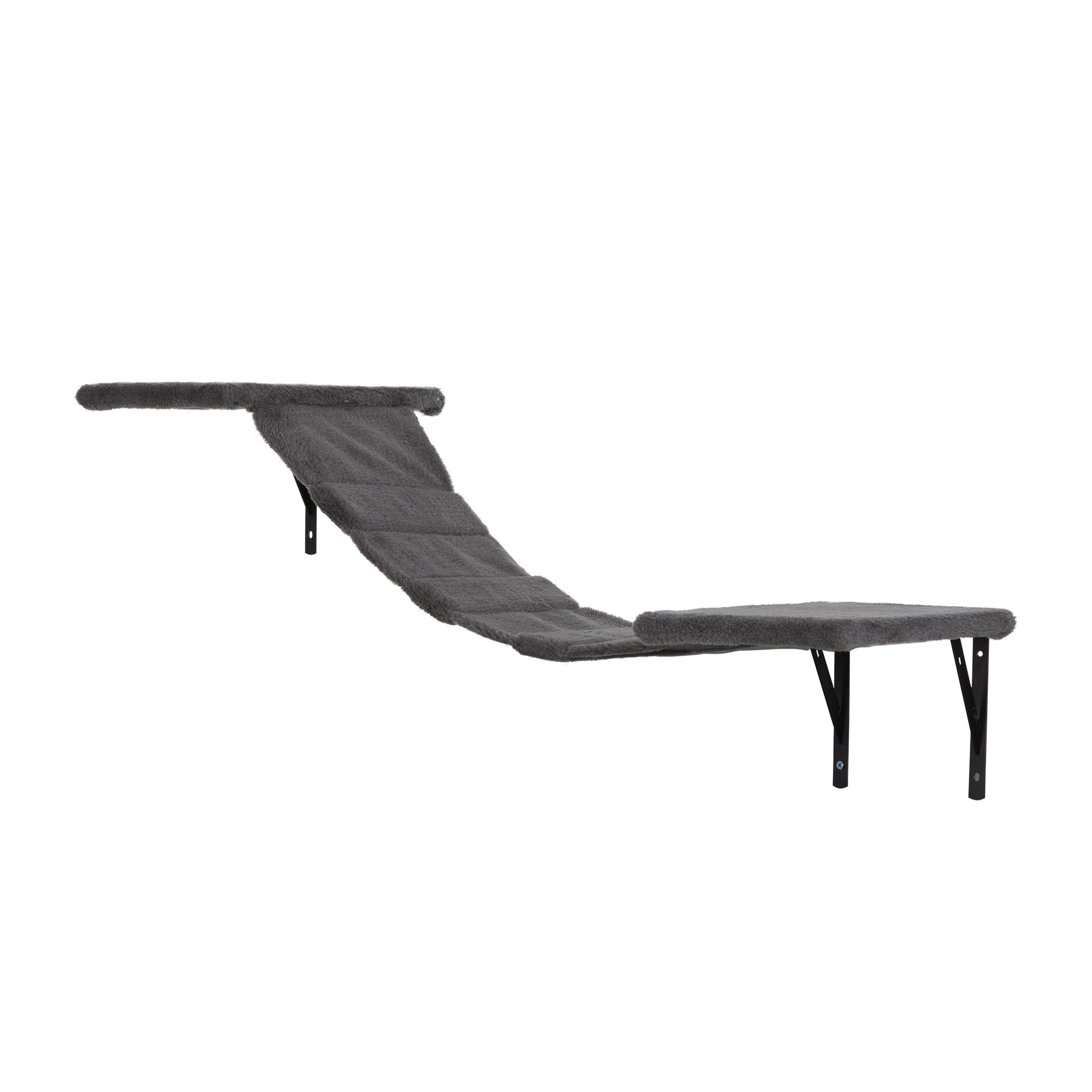 Gray tiered cat perch with plush fabric and black metal brackets wallmounted