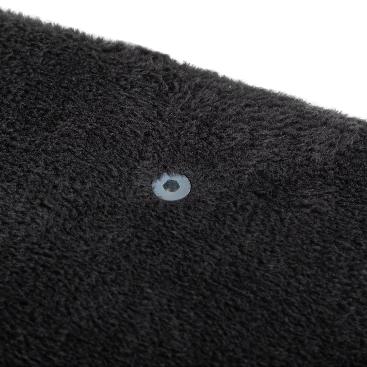 Textured dark gray faux fur fabric with a visible silver hex bolt accent
