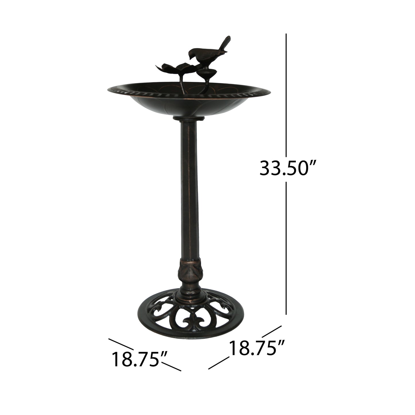 Bronze bird bath with intricate base and decorative birds on rim