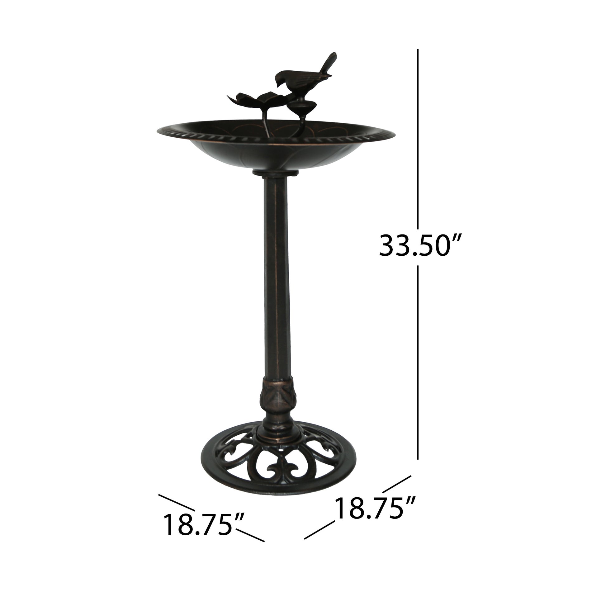 Bronze bird bath with intricate base and decorative birds on rim