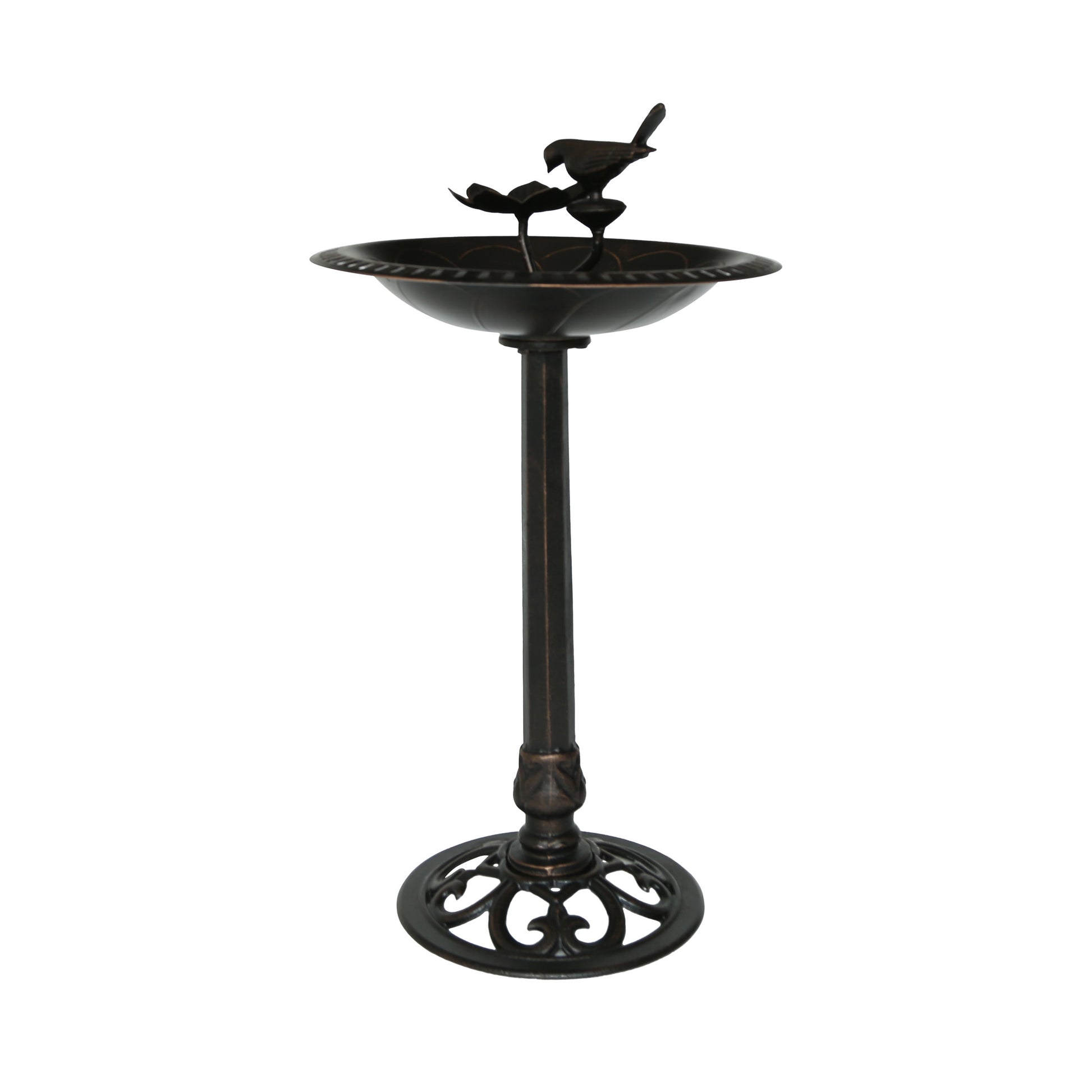 Ornate dark bronze bird bath with two decorative birds and detailed base