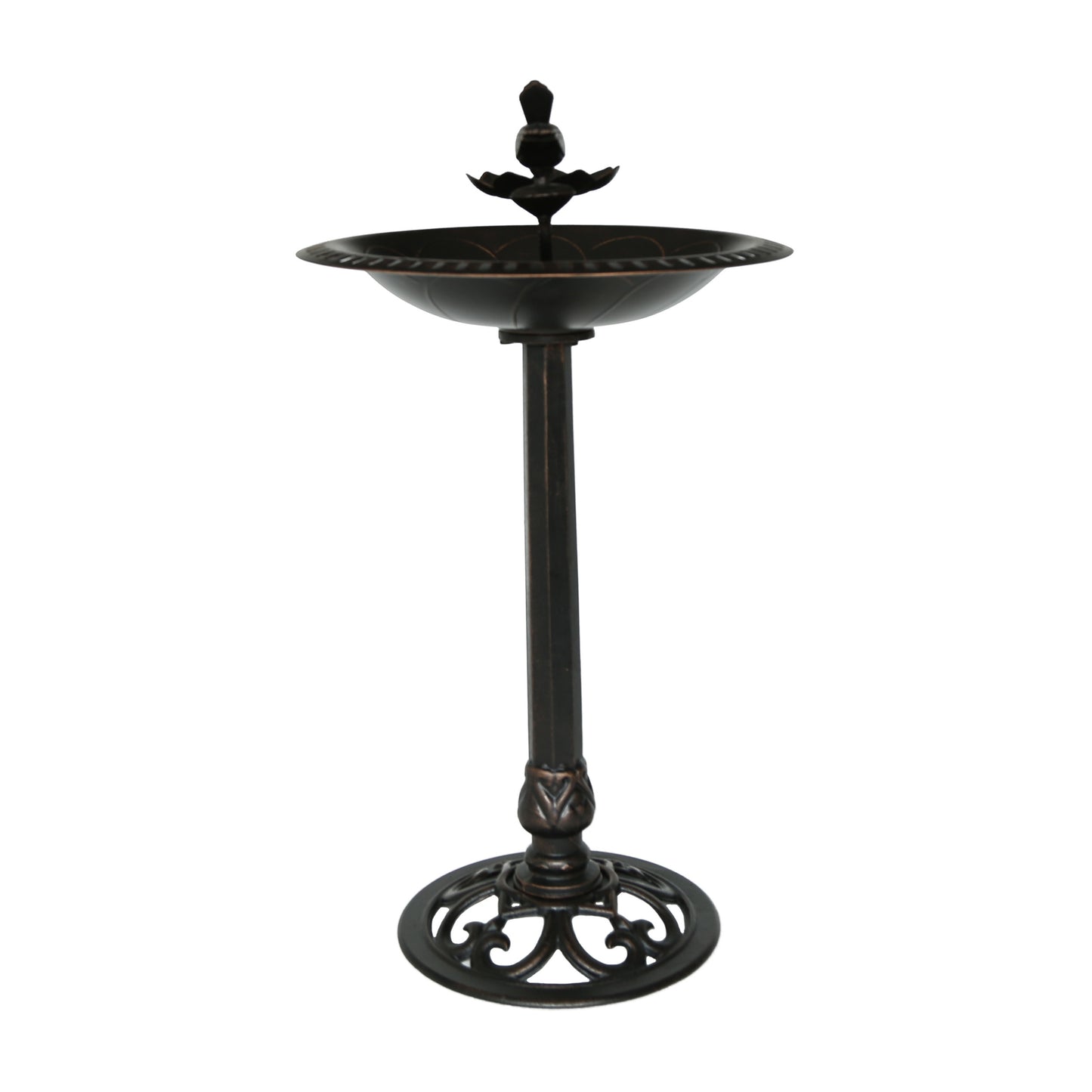 Ornate bronze bird bath with decorative base and finial top