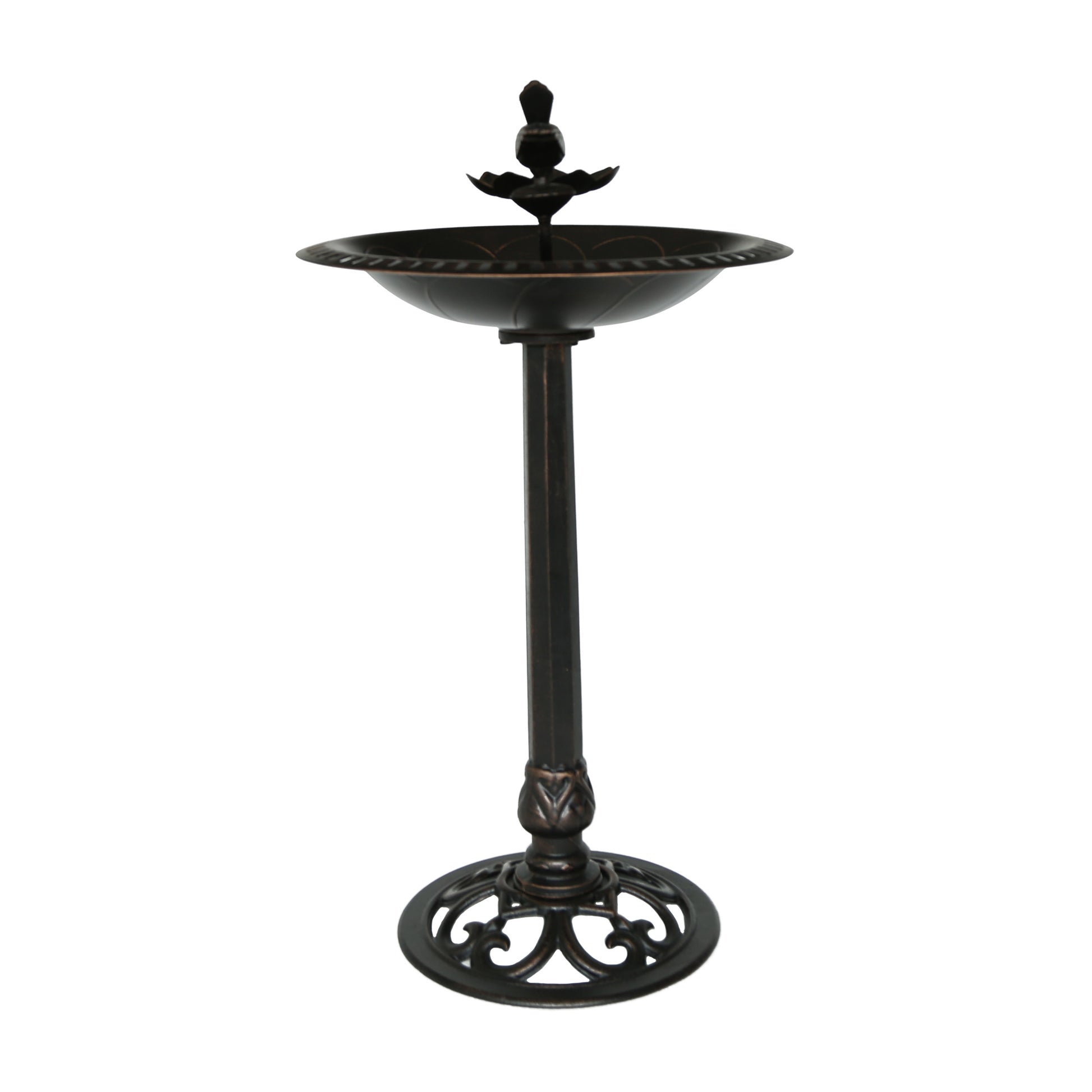 Ornate bronze bird bath with decorative base and finial top