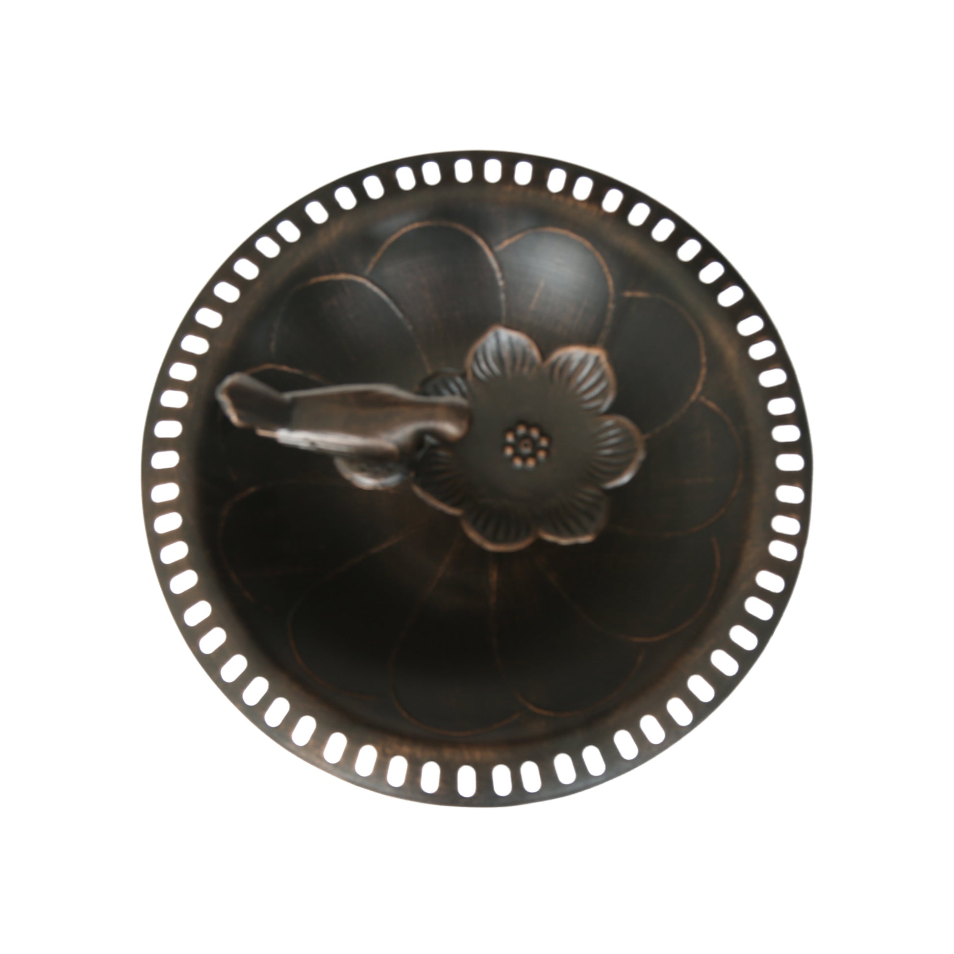 Round bronze tray with embossed floral design and side perforations