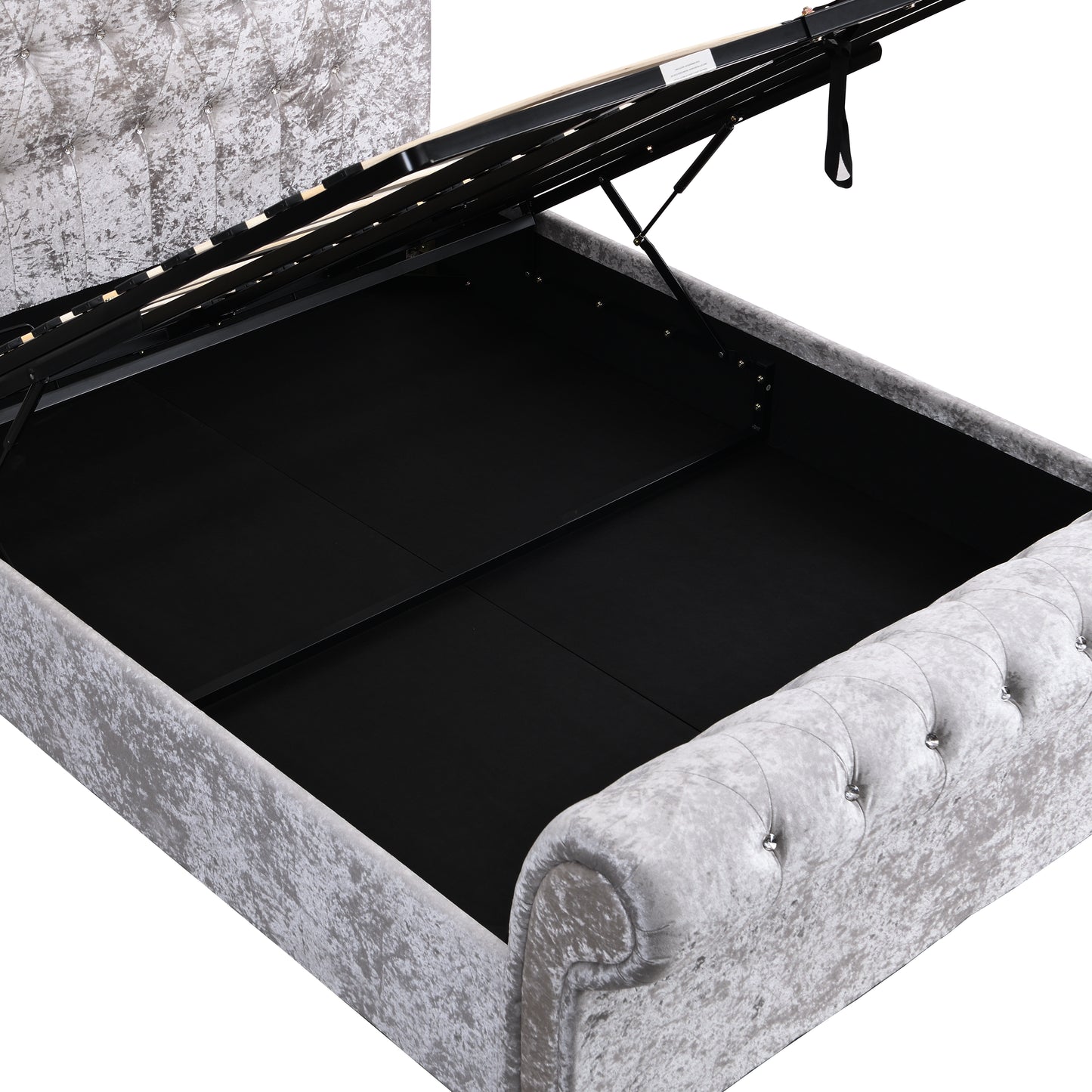 Silver crushed velvet storage bed with hydraulic lift mechanism