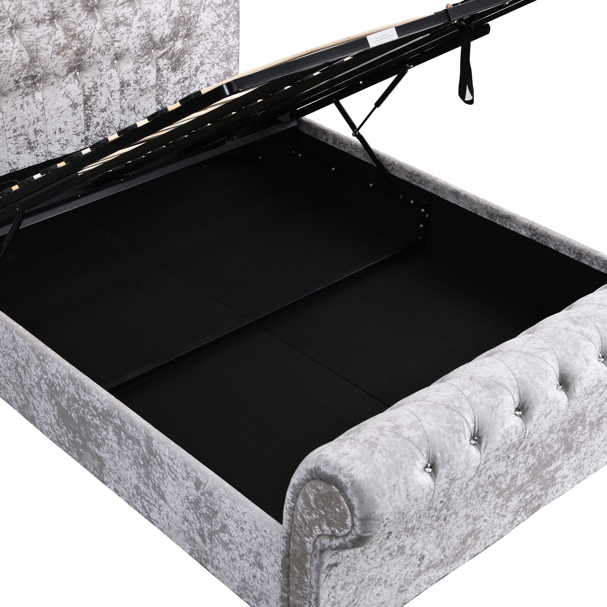 Silver crushed velvet storage bed with hydraulic lift mechanism