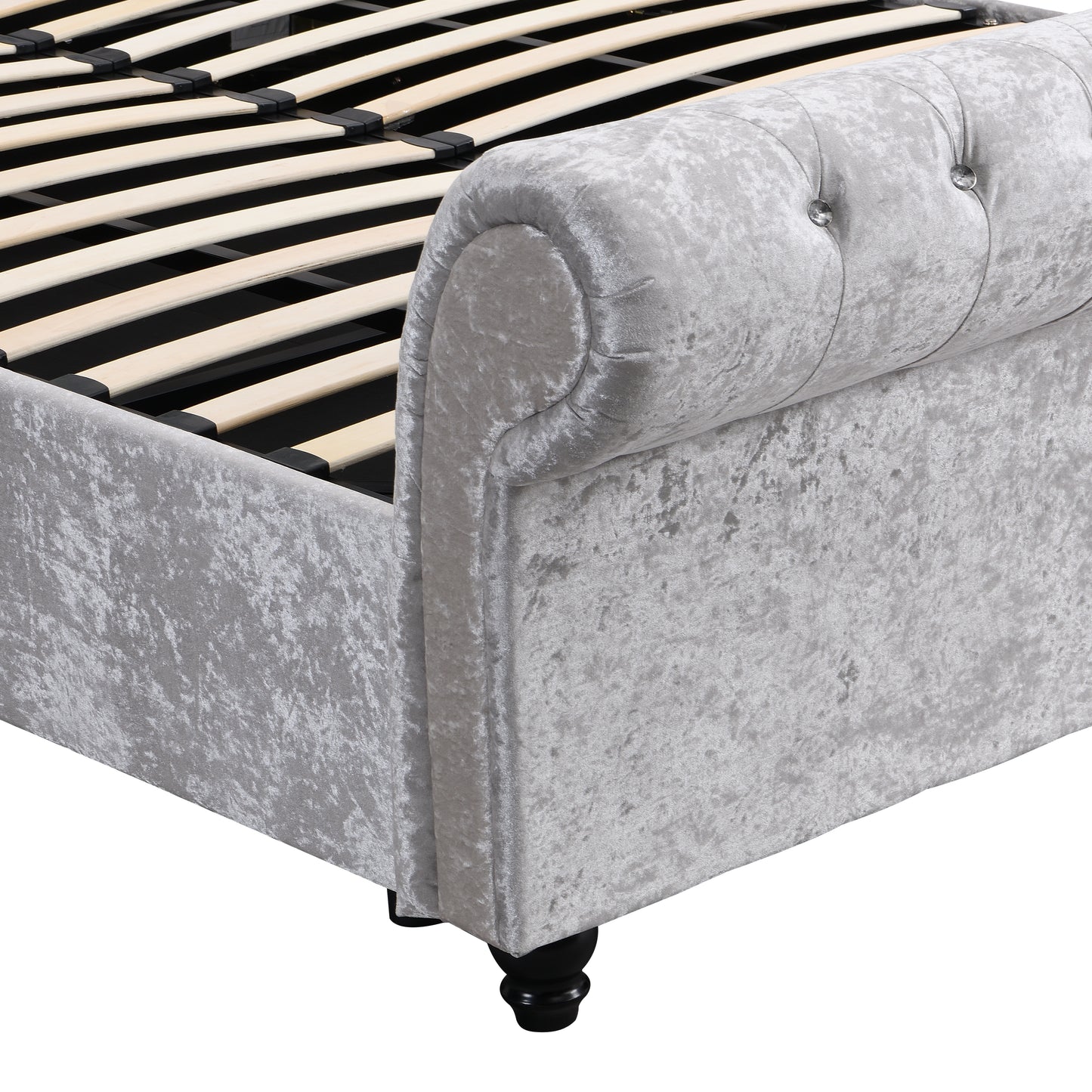 Silver crushed velvet bed frame with diamond tufting and wooden slats