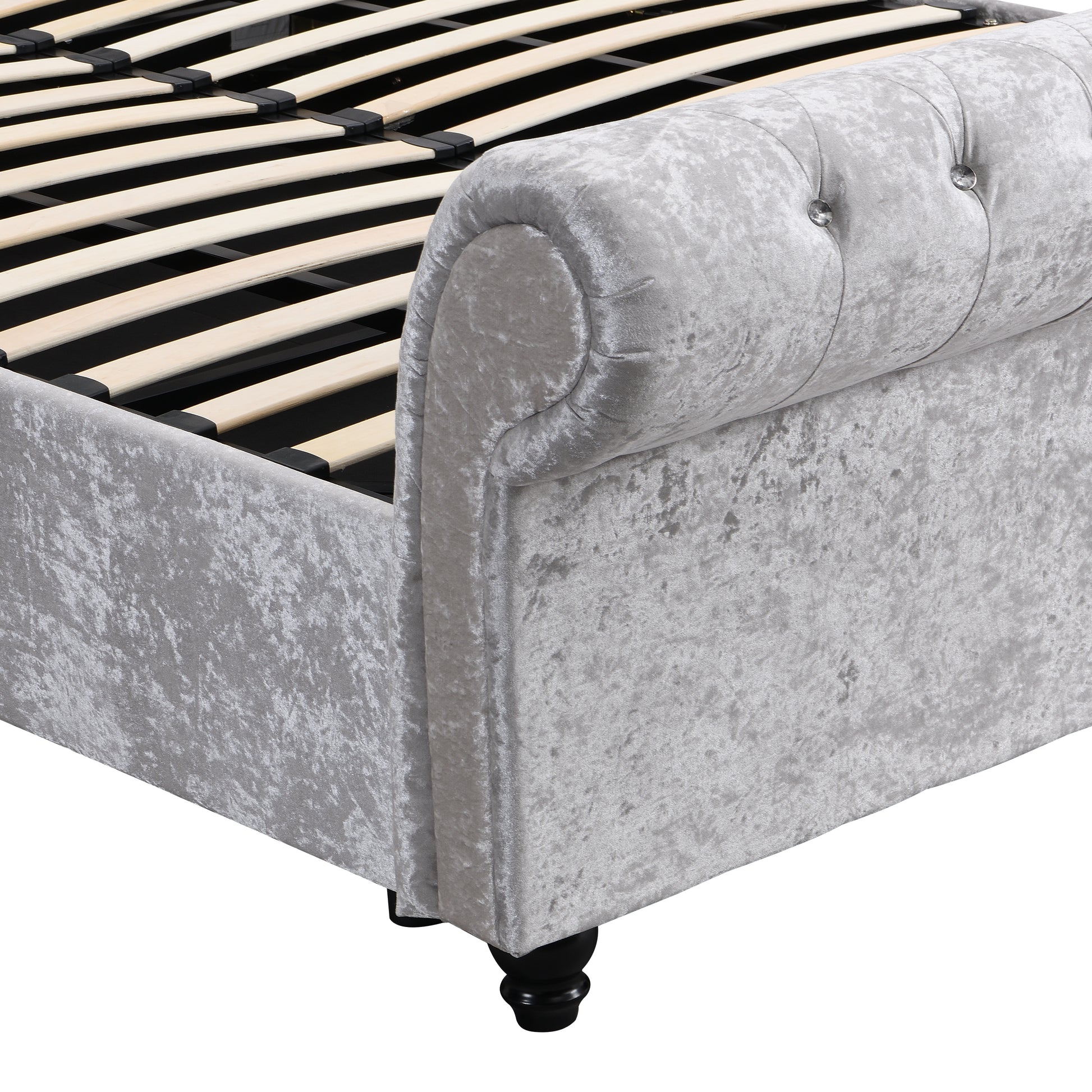 Silver crushed velvet bed frame with diamond tufting and wooden slats