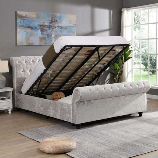 Crushed velvet silver storage bed with tufted headboard and open lift mechanism