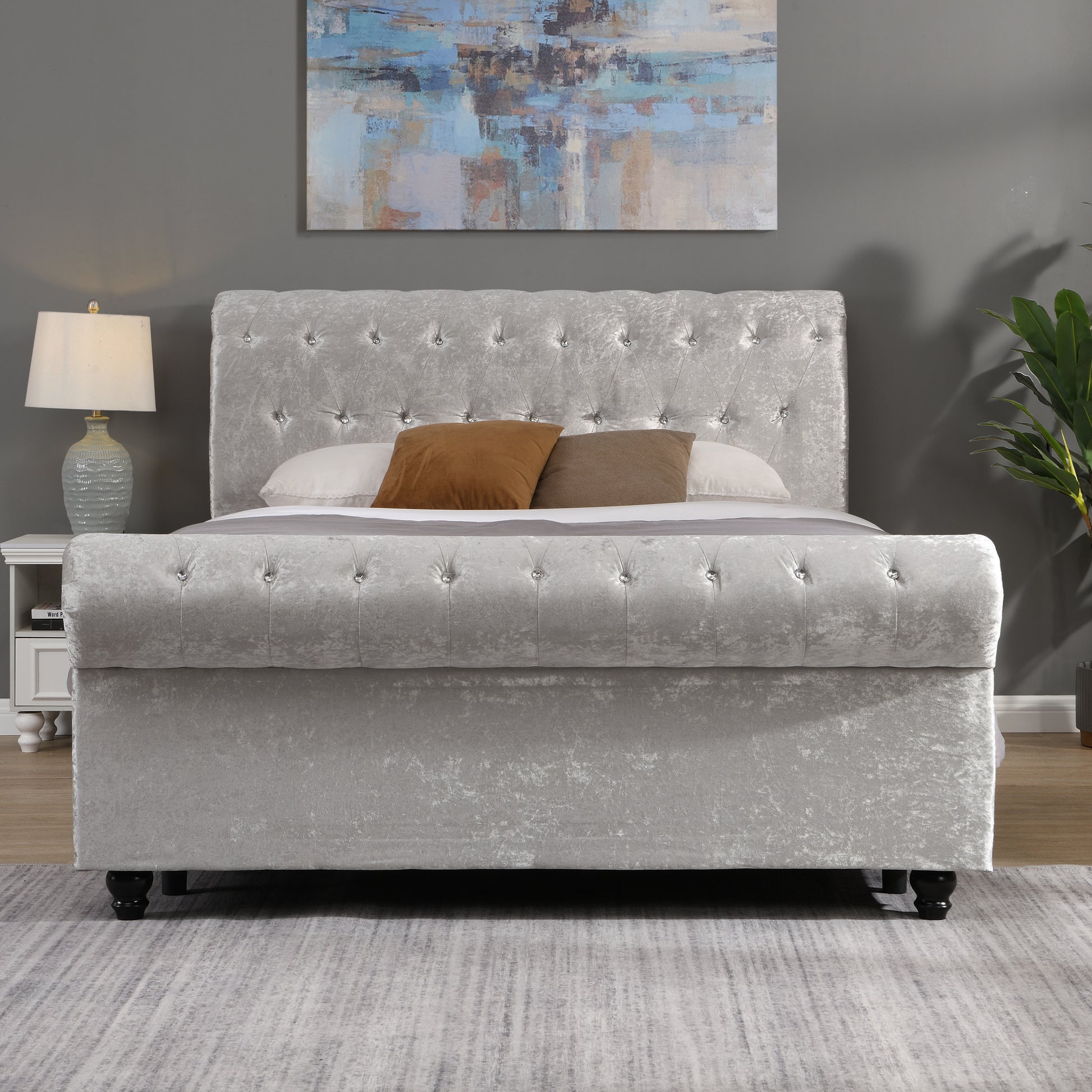 Elegant silver crushed velvet sleigh bed with crystal button tufting queen size