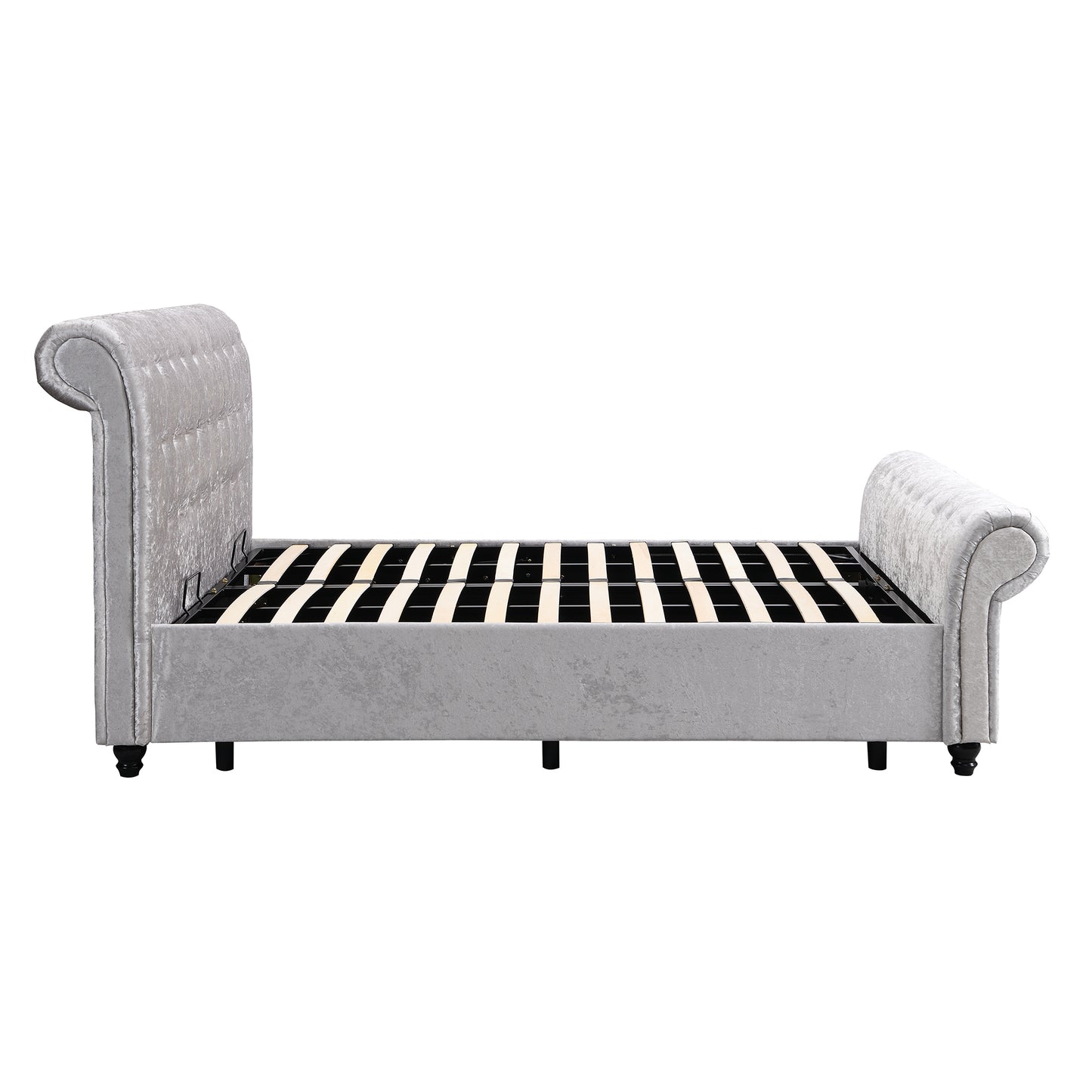 Plush silver velvet sleigh bed frame with button tufting and slatted support