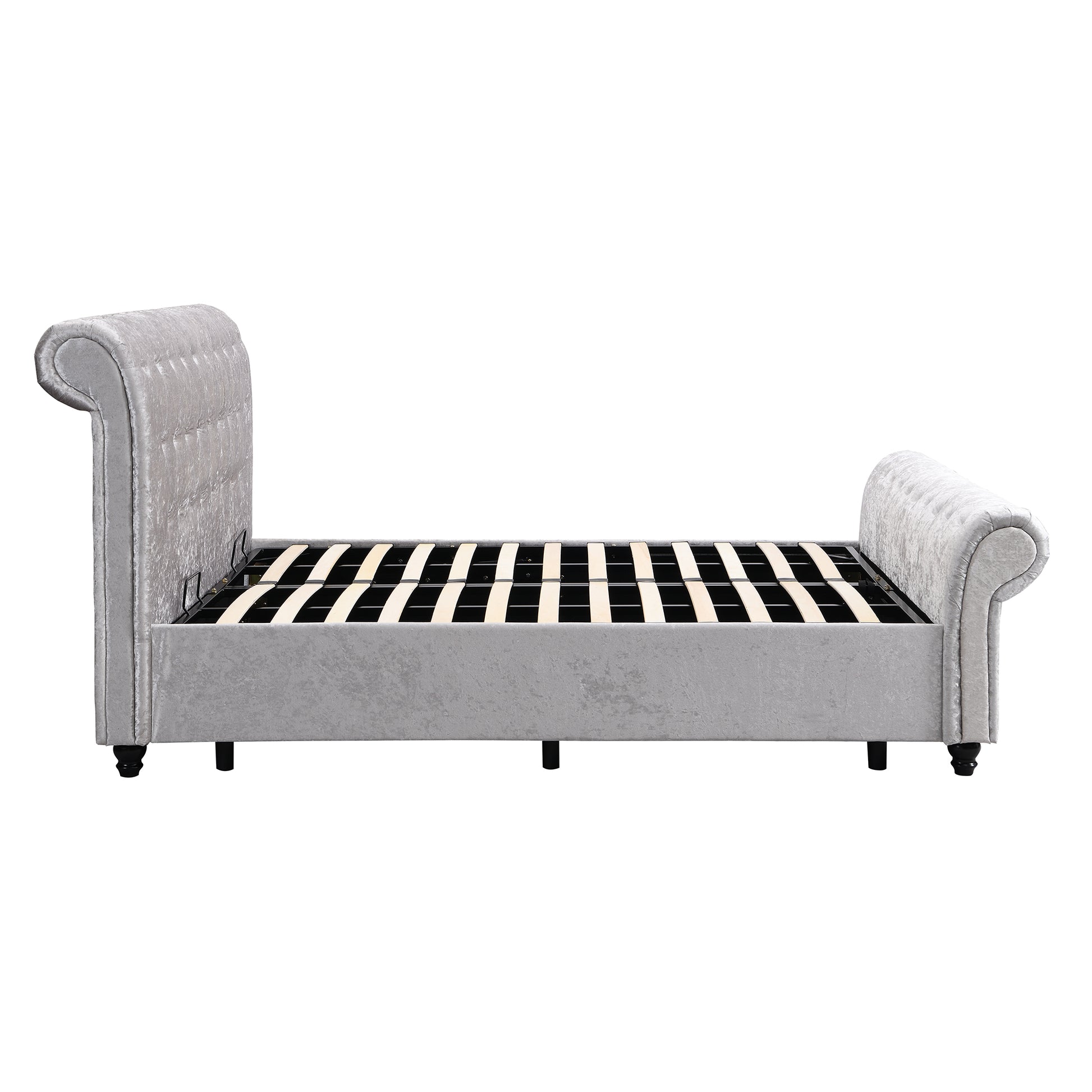 Plush silver velvet sleigh bed frame with button tufting and slatted support