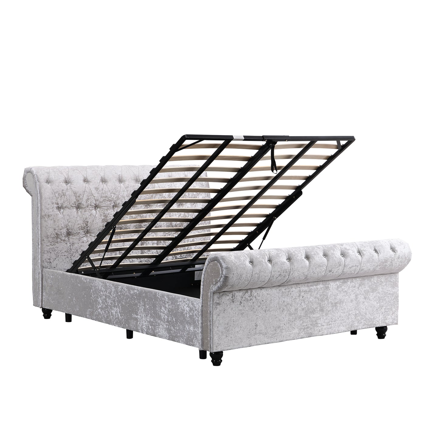 Silver crushed velvet chesterfield bed with storage mechanism exposed