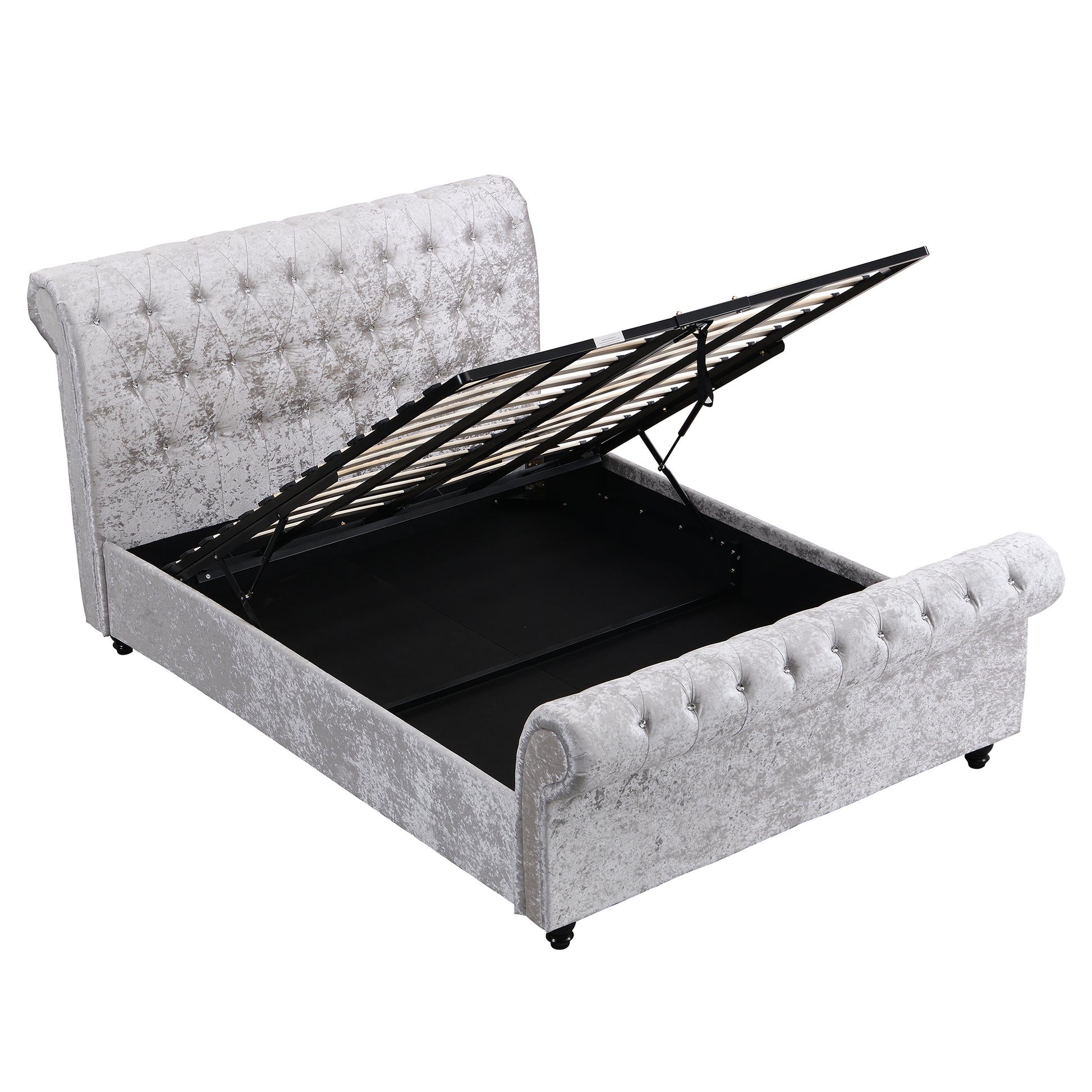 Crushed velvet silver sleigh bed frame with ottoman storage lifted