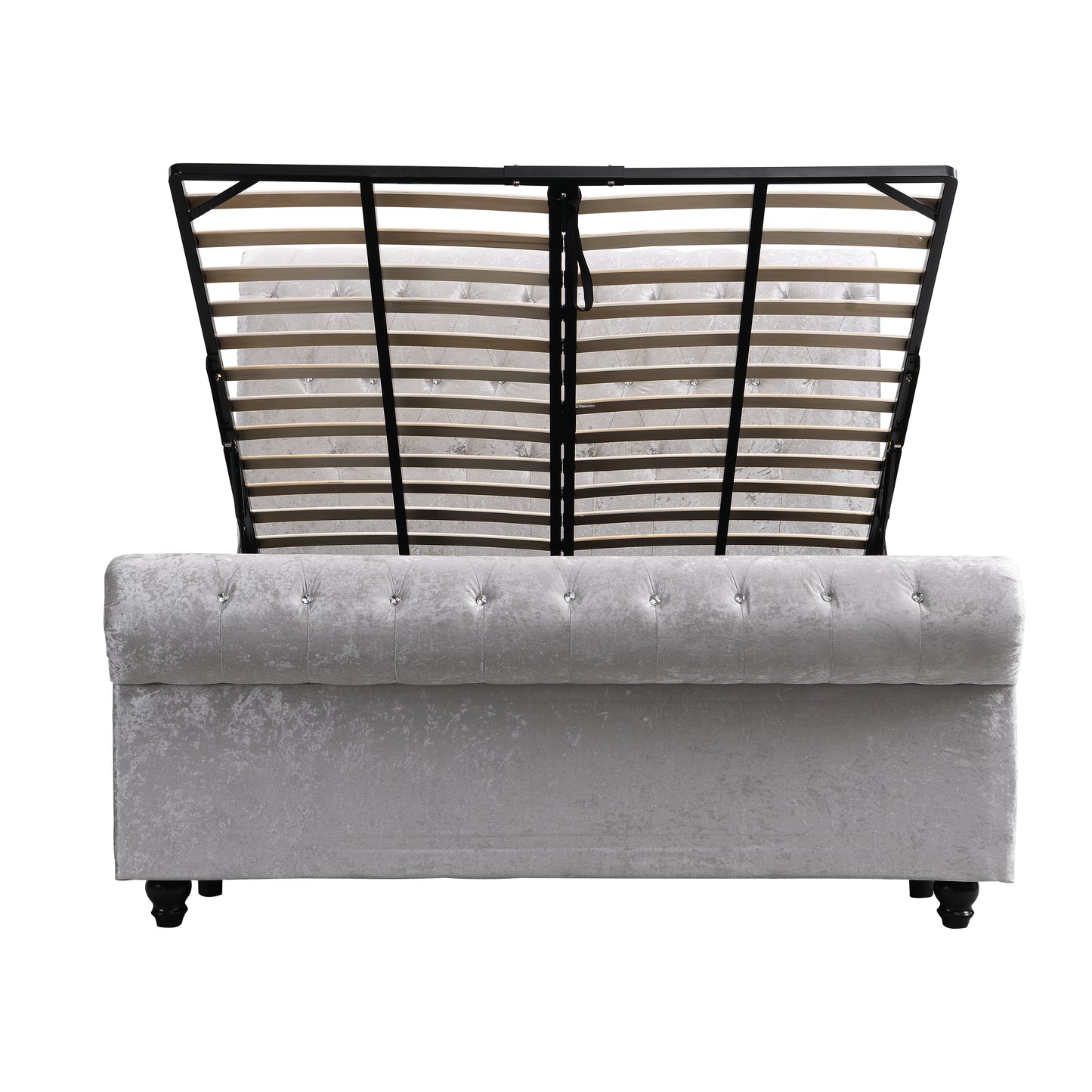 Elegant silver crushed velvet divan bed frame with tufted headboard and storage lift mechanism