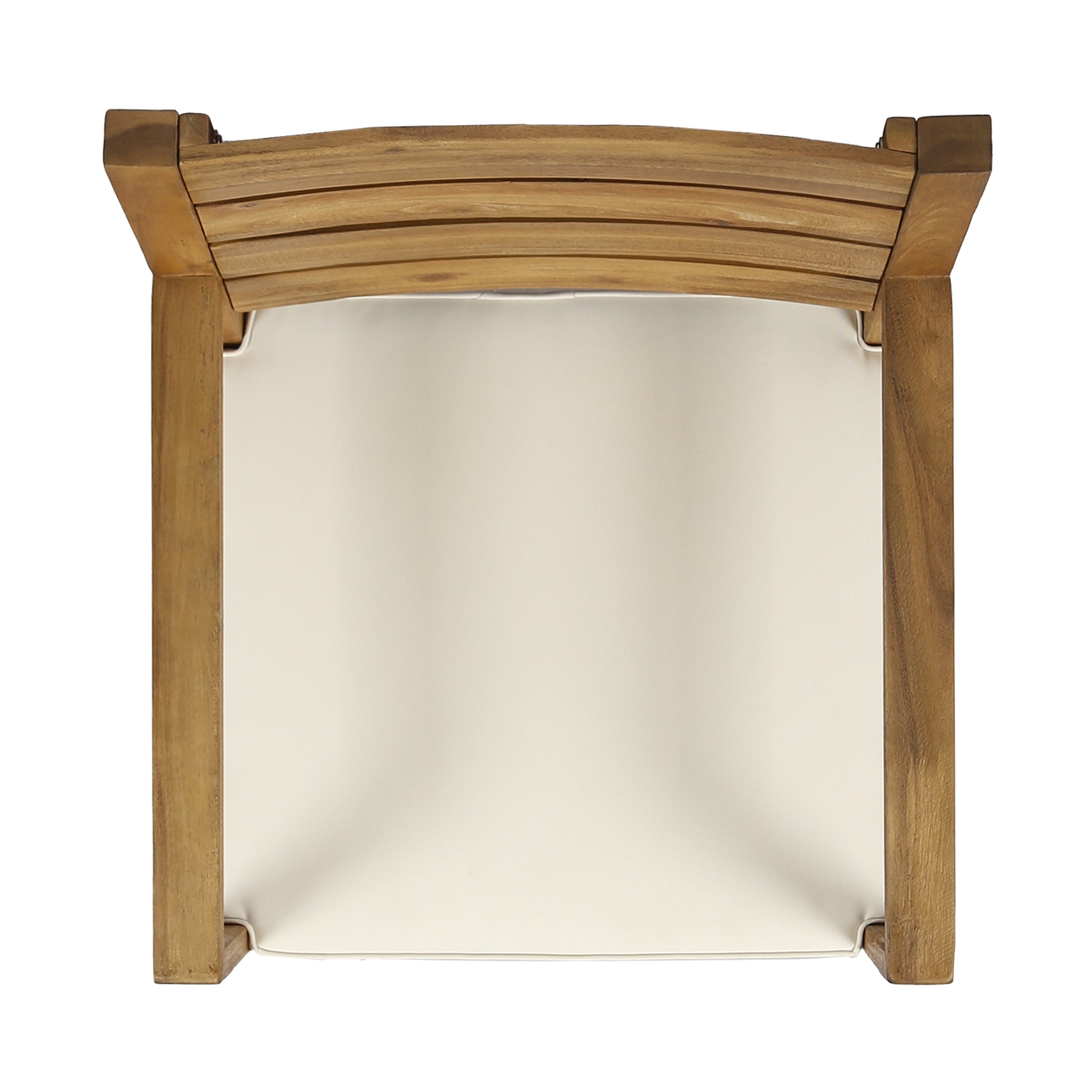 Top view of a wooden outdoor chair with a cream seat cushion perfect for patio seating